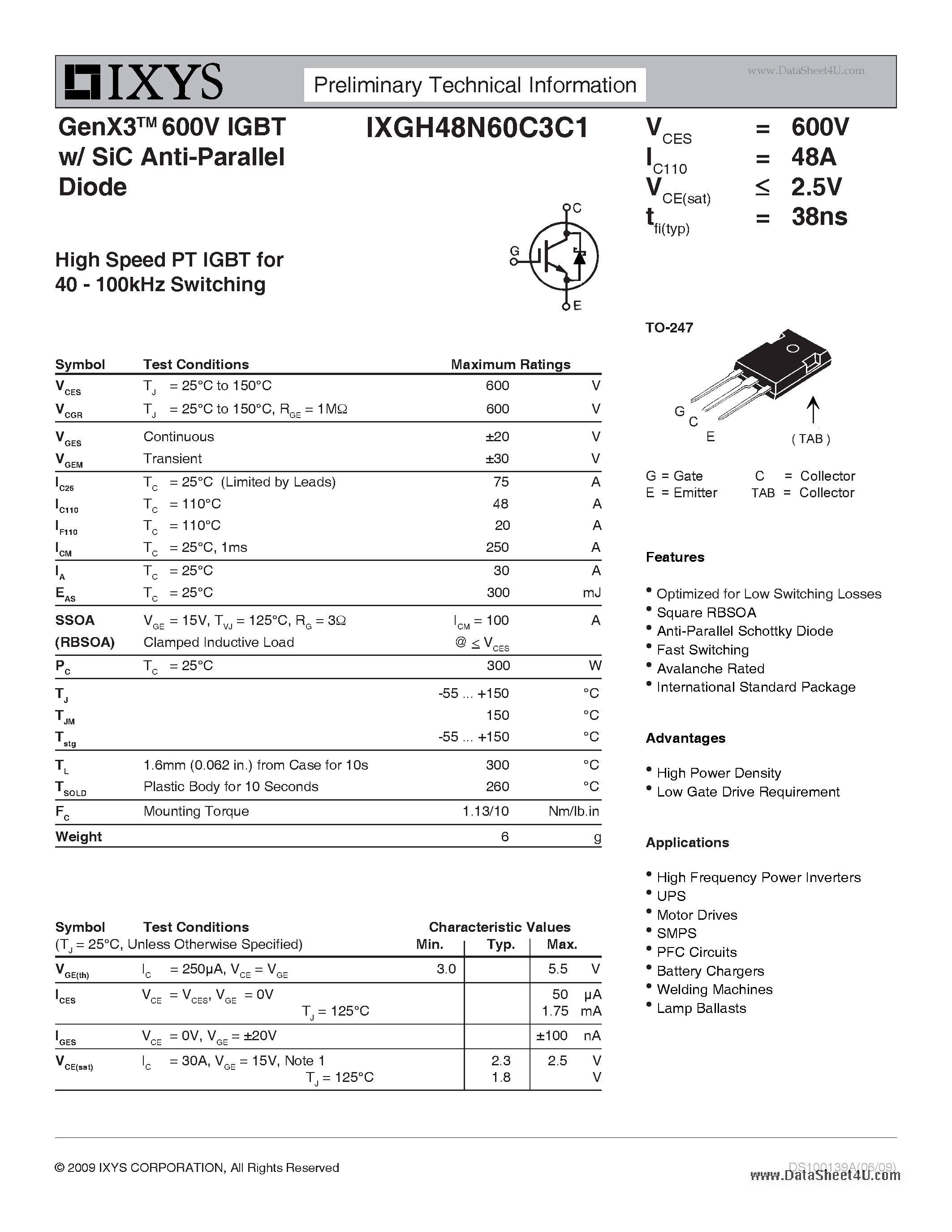 Datasheet IXGH48N60C3C1 - GenX3 600V IGBT w/ SiC Anti-Parallel Diode page 1