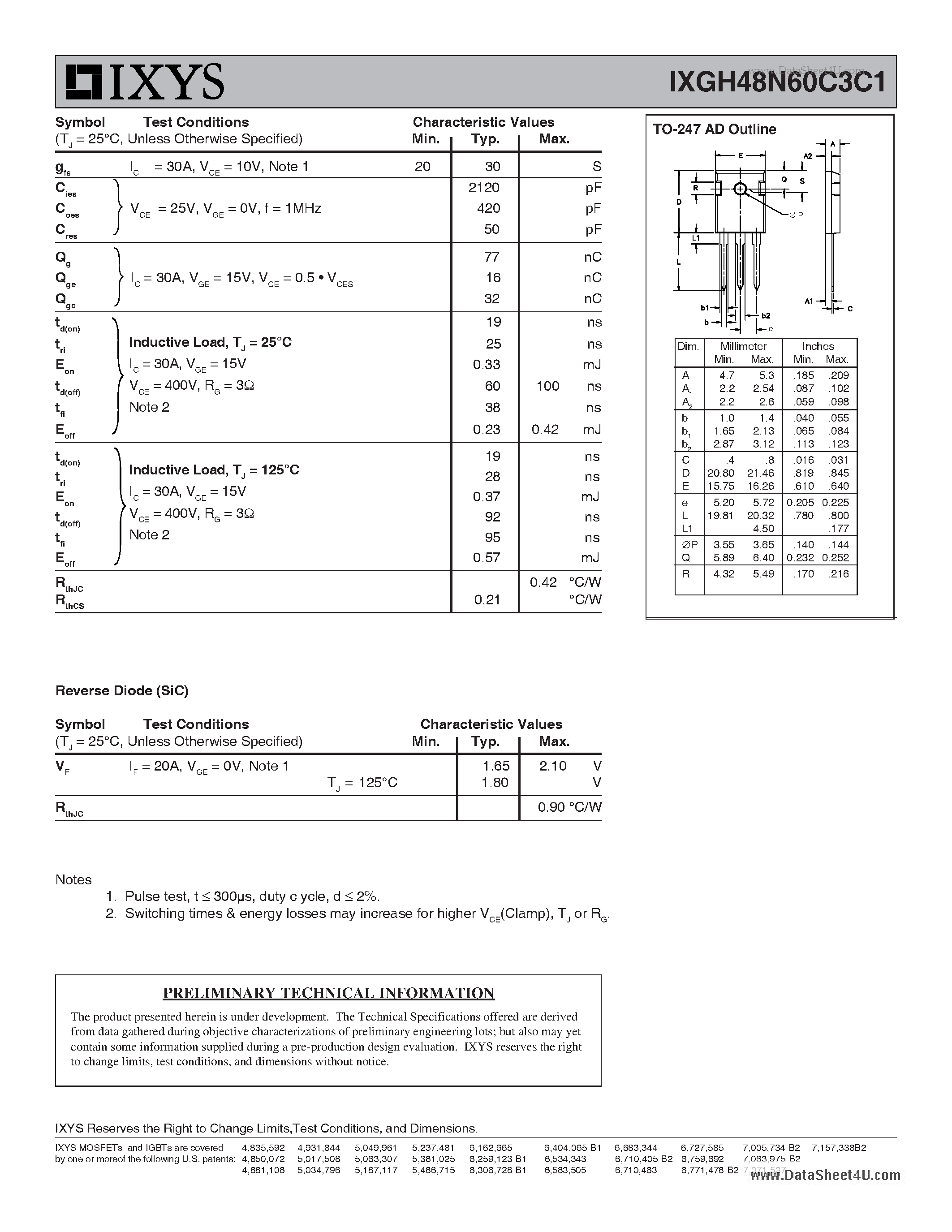 Datasheet IXGH48N60C3C1 - GenX3 600V IGBT w/ SiC Anti-Parallel Diode page 2
