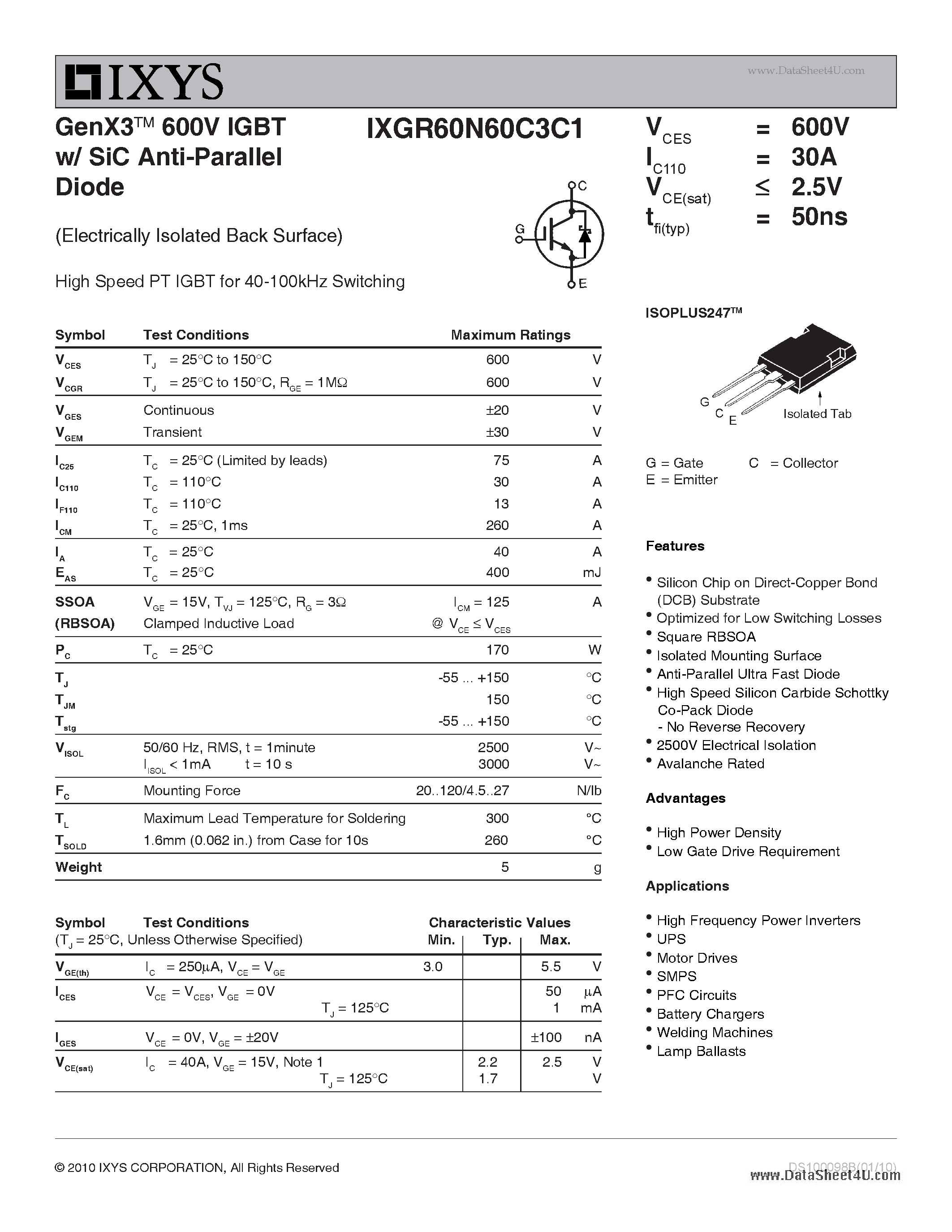 Datasheet IXGR60N60C3C1 - GenX3 600V IGBT w/ SiC Anti-Parallel Diode page 1