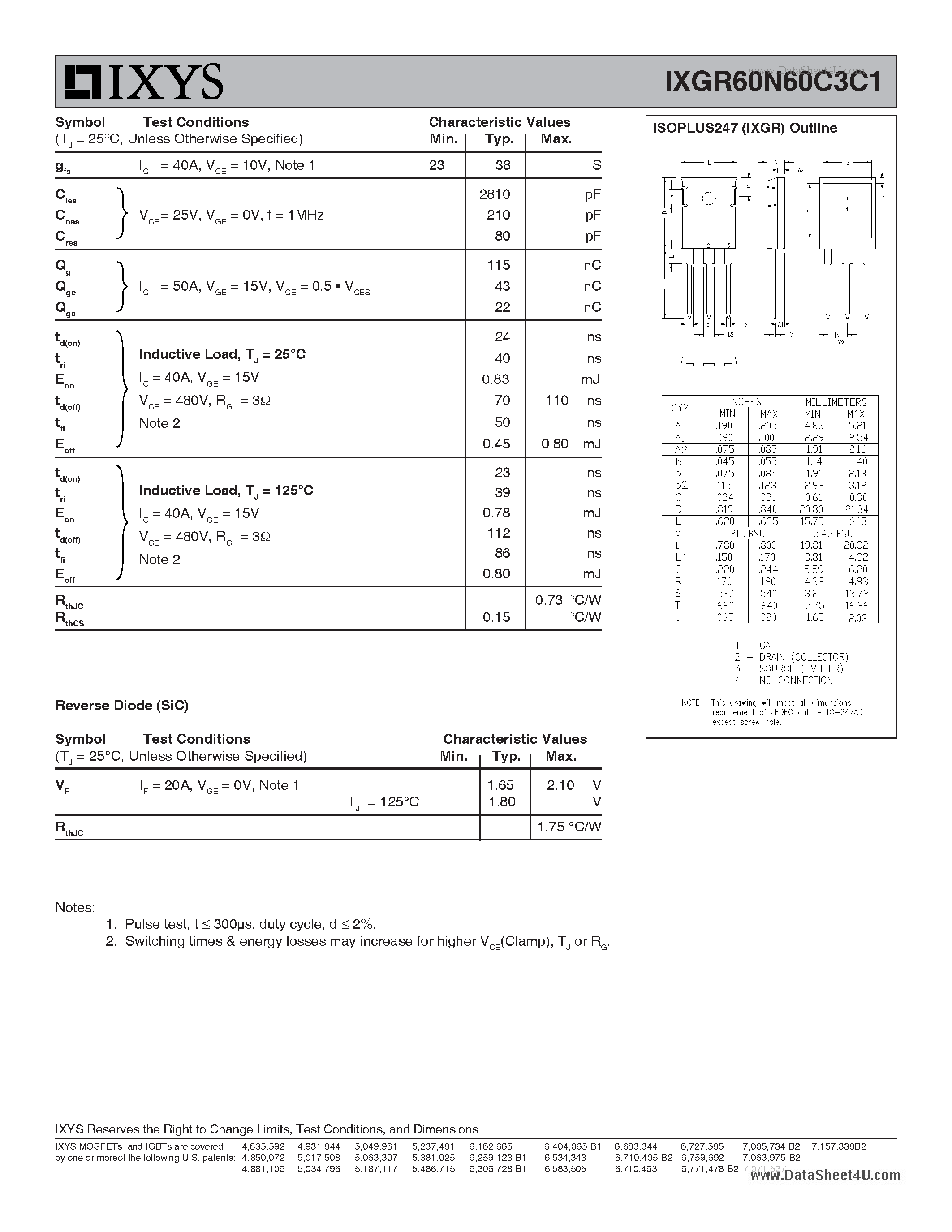 Datasheet IXGR60N60C3C1 - GenX3 600V IGBT w/ SiC Anti-Parallel Diode page 2