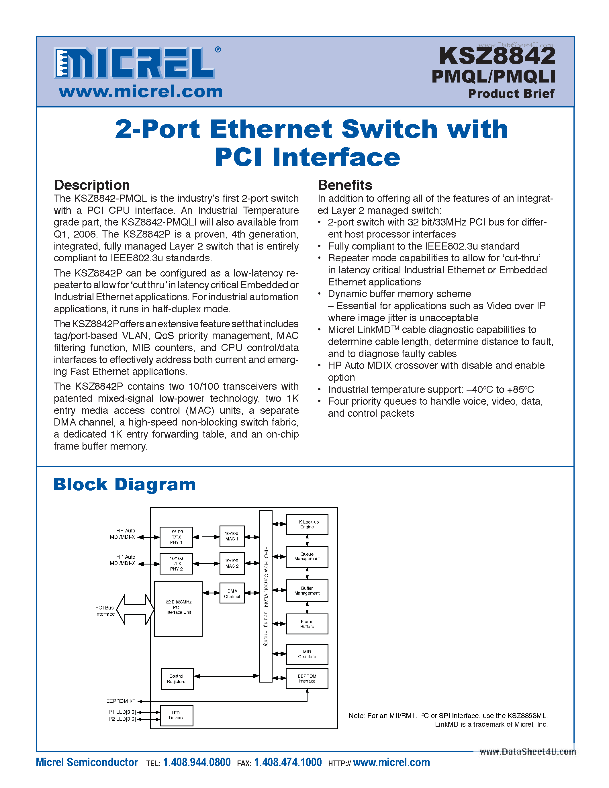 Datasheet KSZ8842 page 1 Datasheet KSZ8842 - 2-Port Ethernet Switch page 1