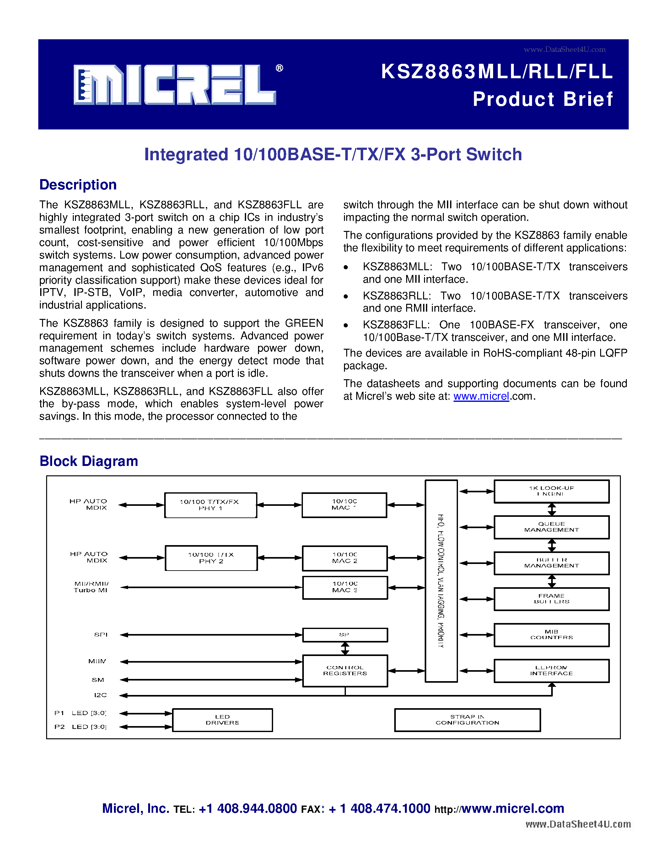Даташит KSZ8863FLL - Integrated 10/100BASE-T/TX/FX 3-Port Switch страница 1