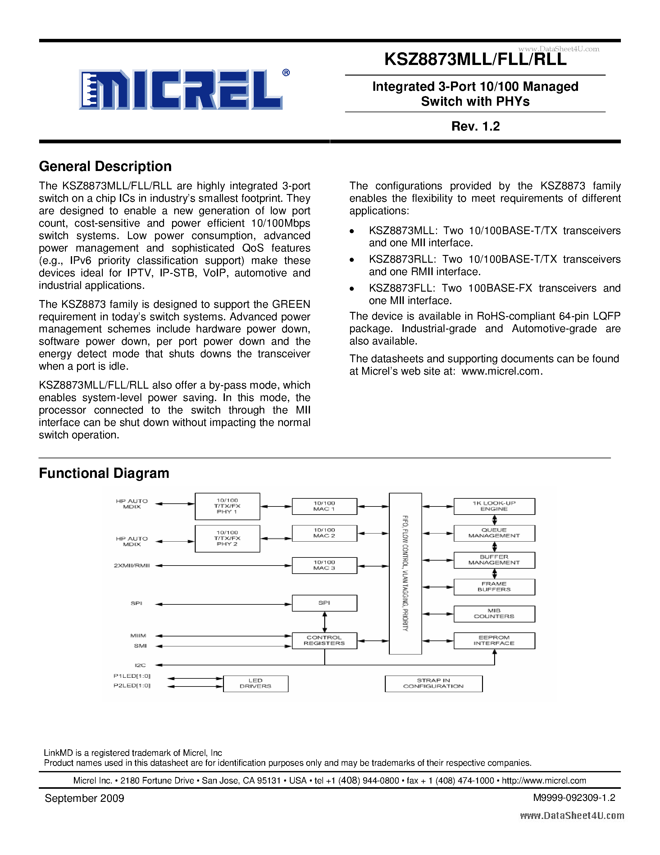 Datasheet KSZ8873MLL - Integrated 3-Port 10/100 Managed Switch page 1