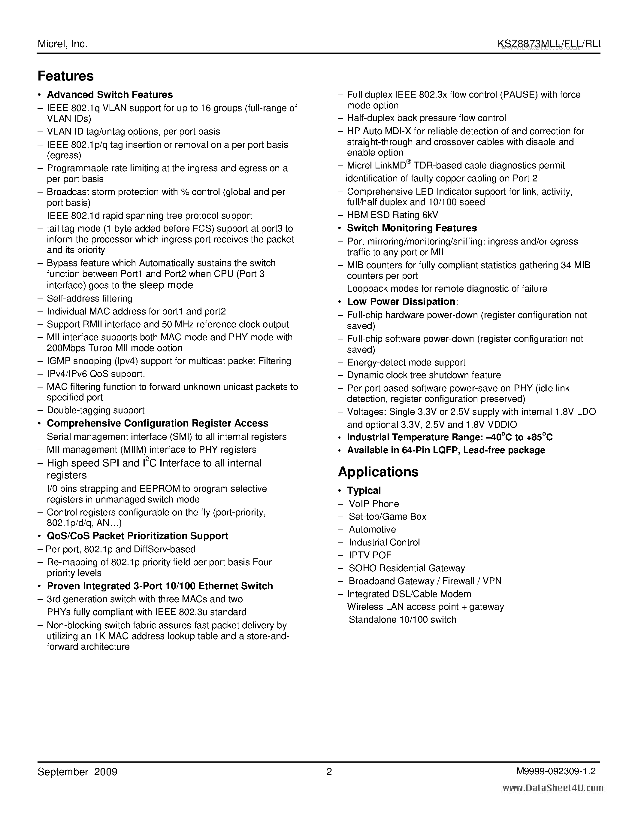 Datasheet KSZ8873MLL - Integrated 3-Port 10/100 Managed Switch page 2