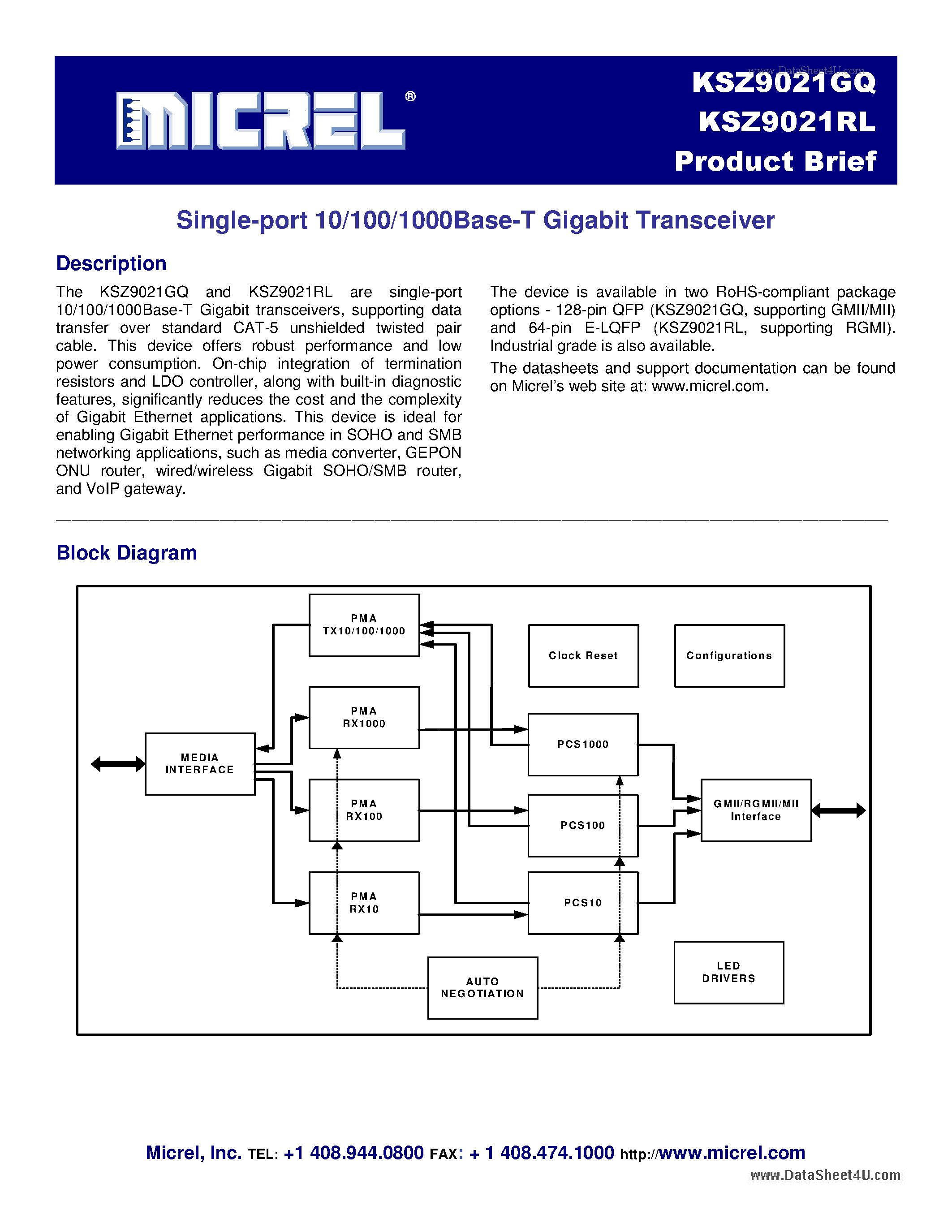 Даташит KSZ9021GQ - Single-port 10/100/1000Base-T Gigabit Transceiver страница 1
