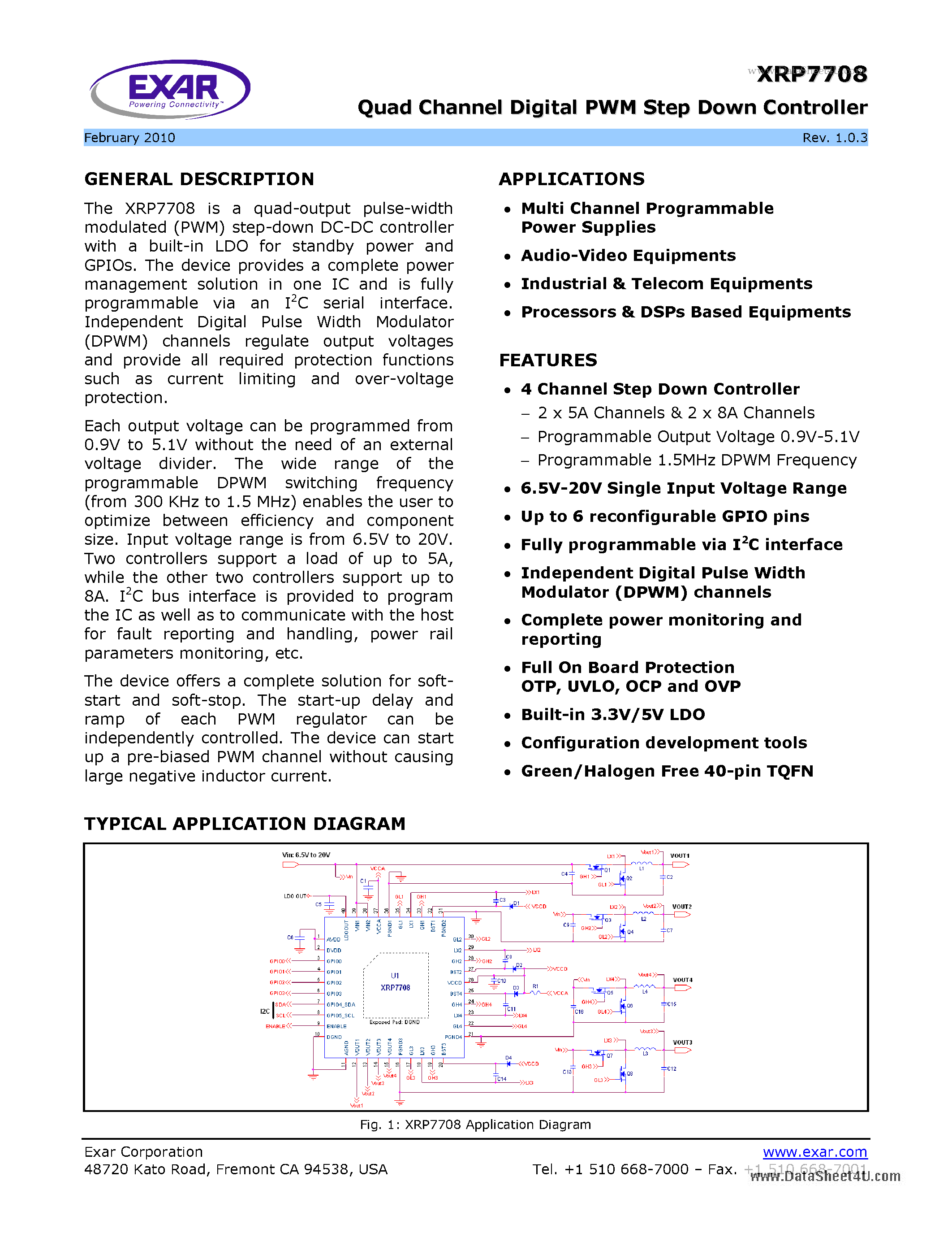 Datasheet XRP7708 - Quad Channel Digital PWM Step Down Controller page 1