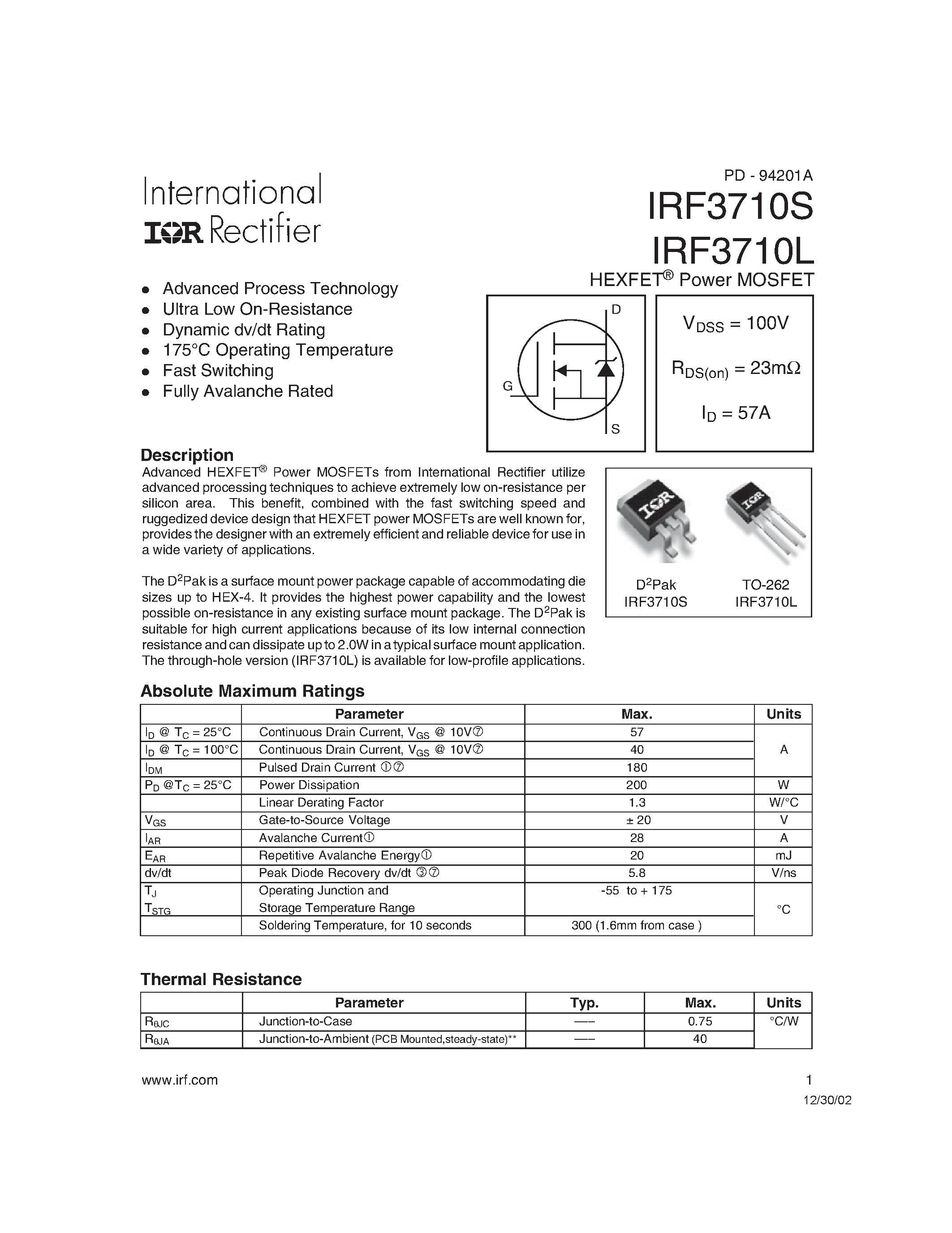 Даташит на микросхему 3710S страница 1 Даташит 3710S - Search -----> IRF3710S страница 1