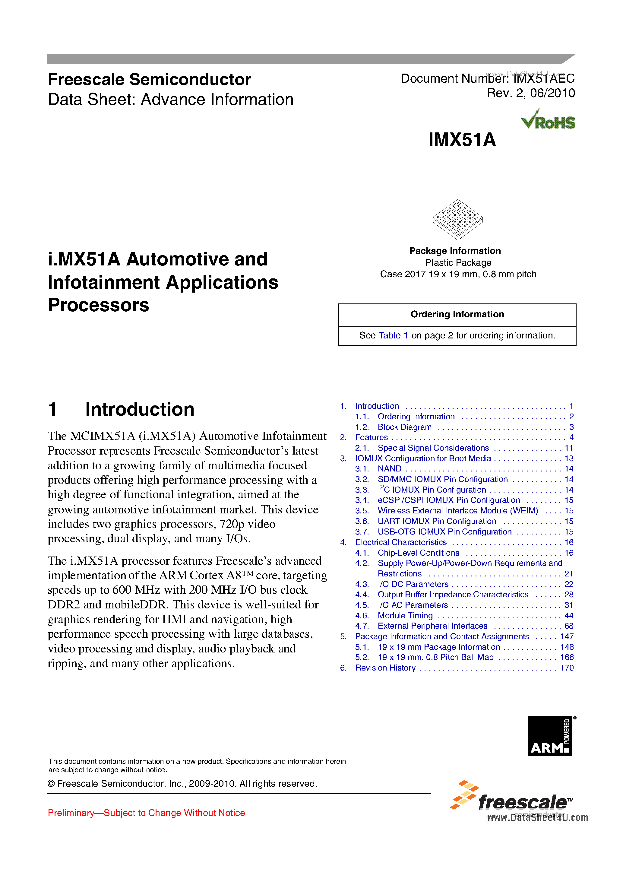 Даташит IMX51A - i.MX51A Automotive and Infotainment Applications Processors страница 1