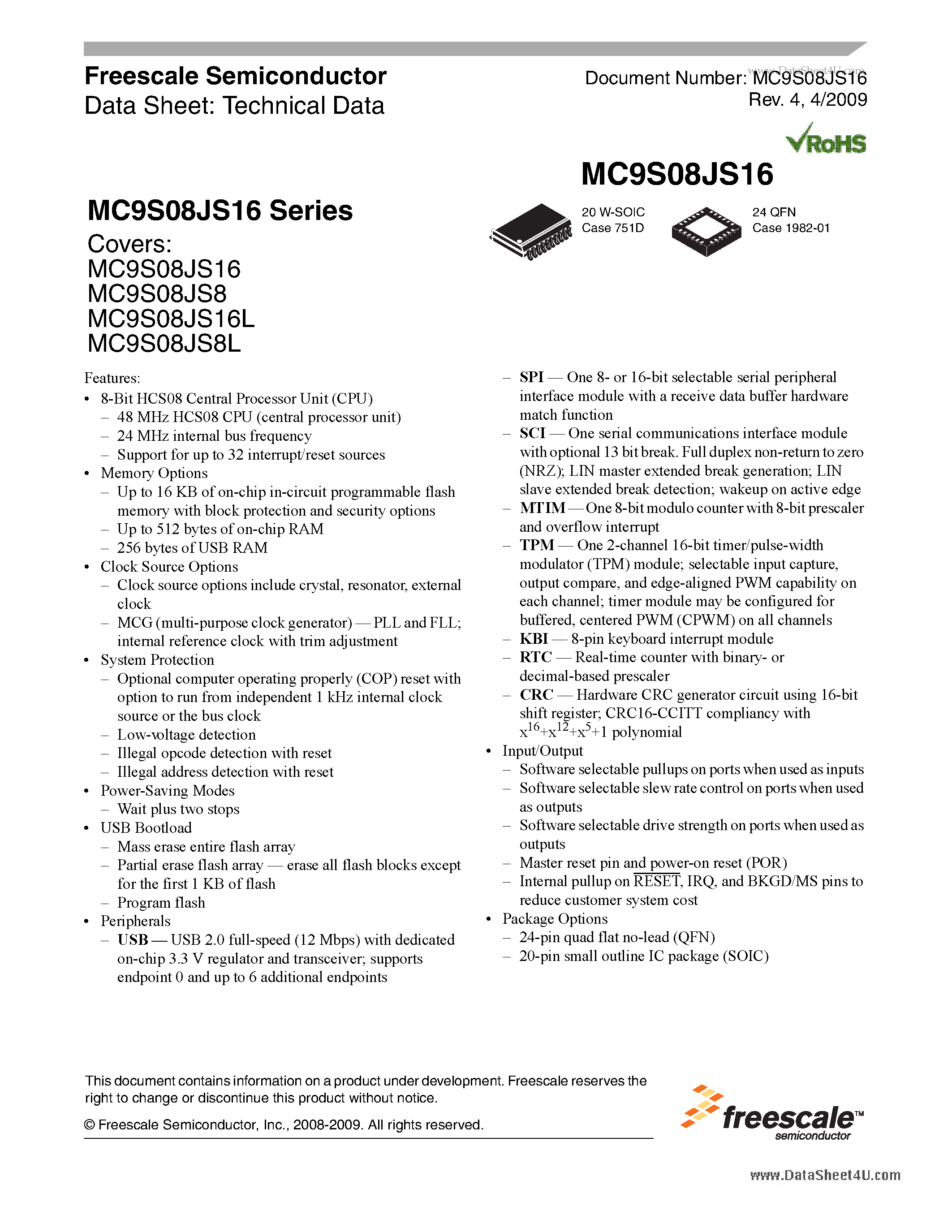 Datasheet MC9S08JS16 - Technical Data page 1