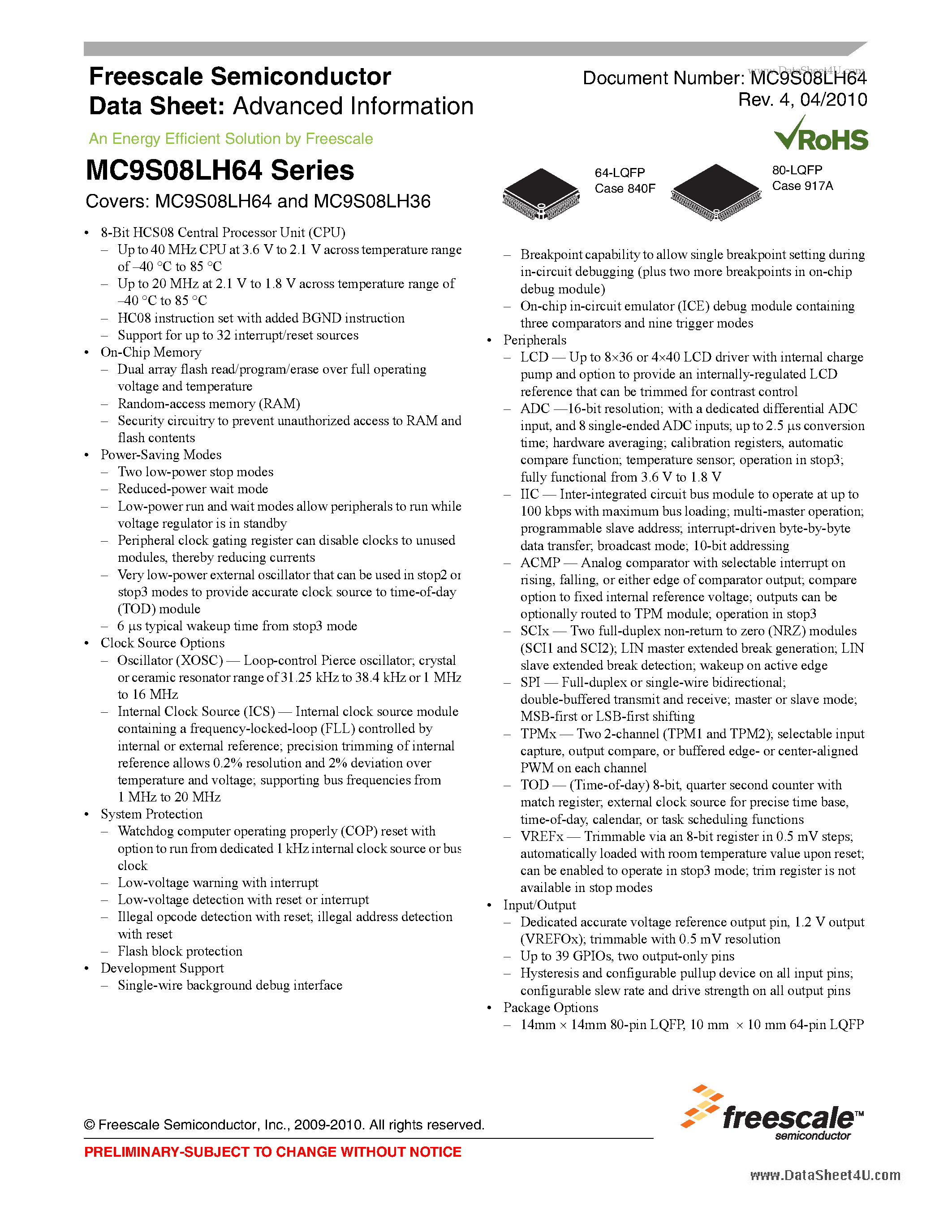 Даташит на микросхему MC9S08LH64 страница 1 Даташит MC9S08LH64 - Advanced Information страница 1