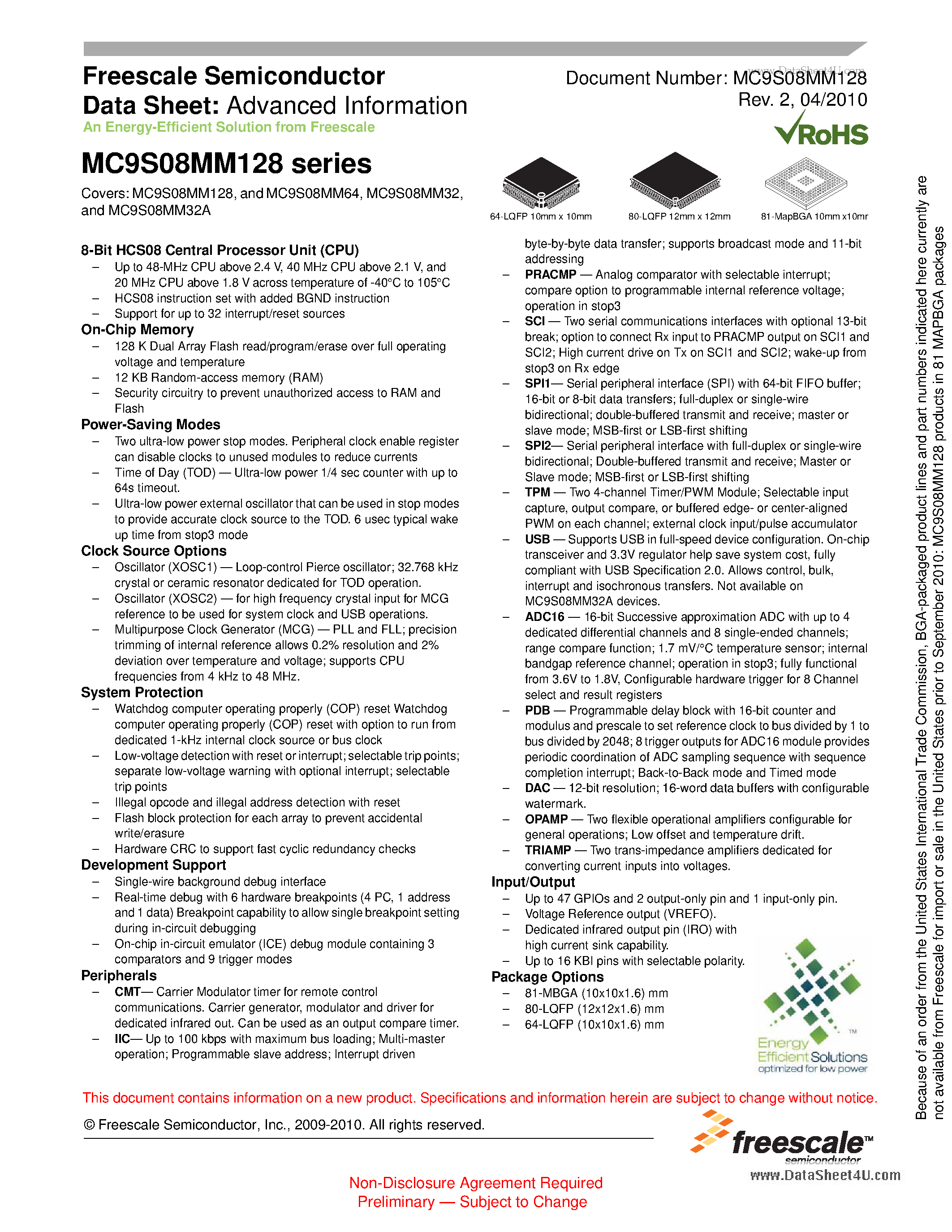 Datasheet MC9S08MM128 - Advanced Information page 1