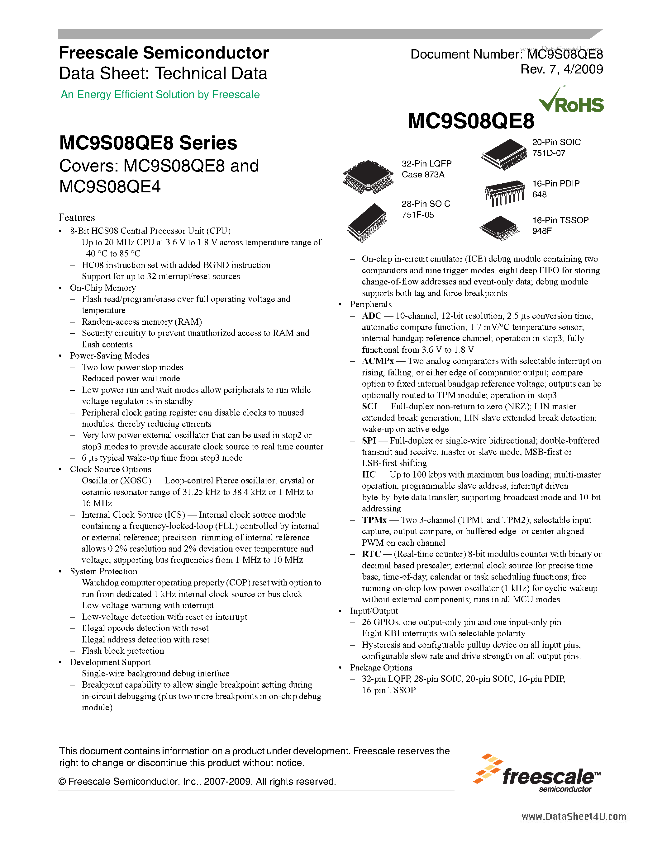 Даташит на микросхему MC9S08QE4 страница 1 Даташит MC9S08QE4 - Technical Data страница 1