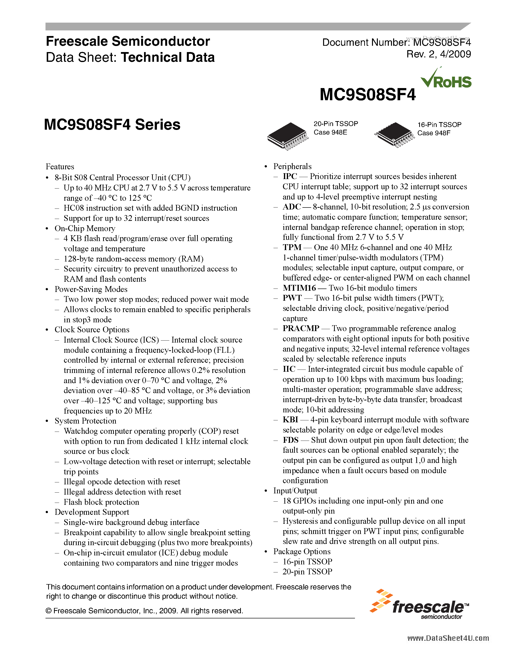 Даташит на микросхему MC9S08SF4 страница 1 Даташит MC9S08SF4 - Technical Data страница 1
