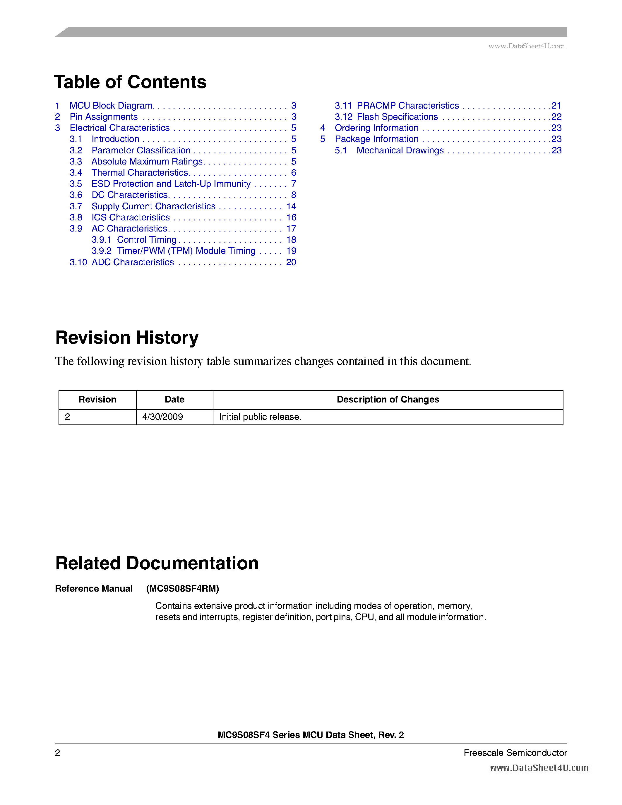Даташит на микросхему MC9S08SF4 страница 2 Даташит MC9S08SF4 - Technical Data страница 2