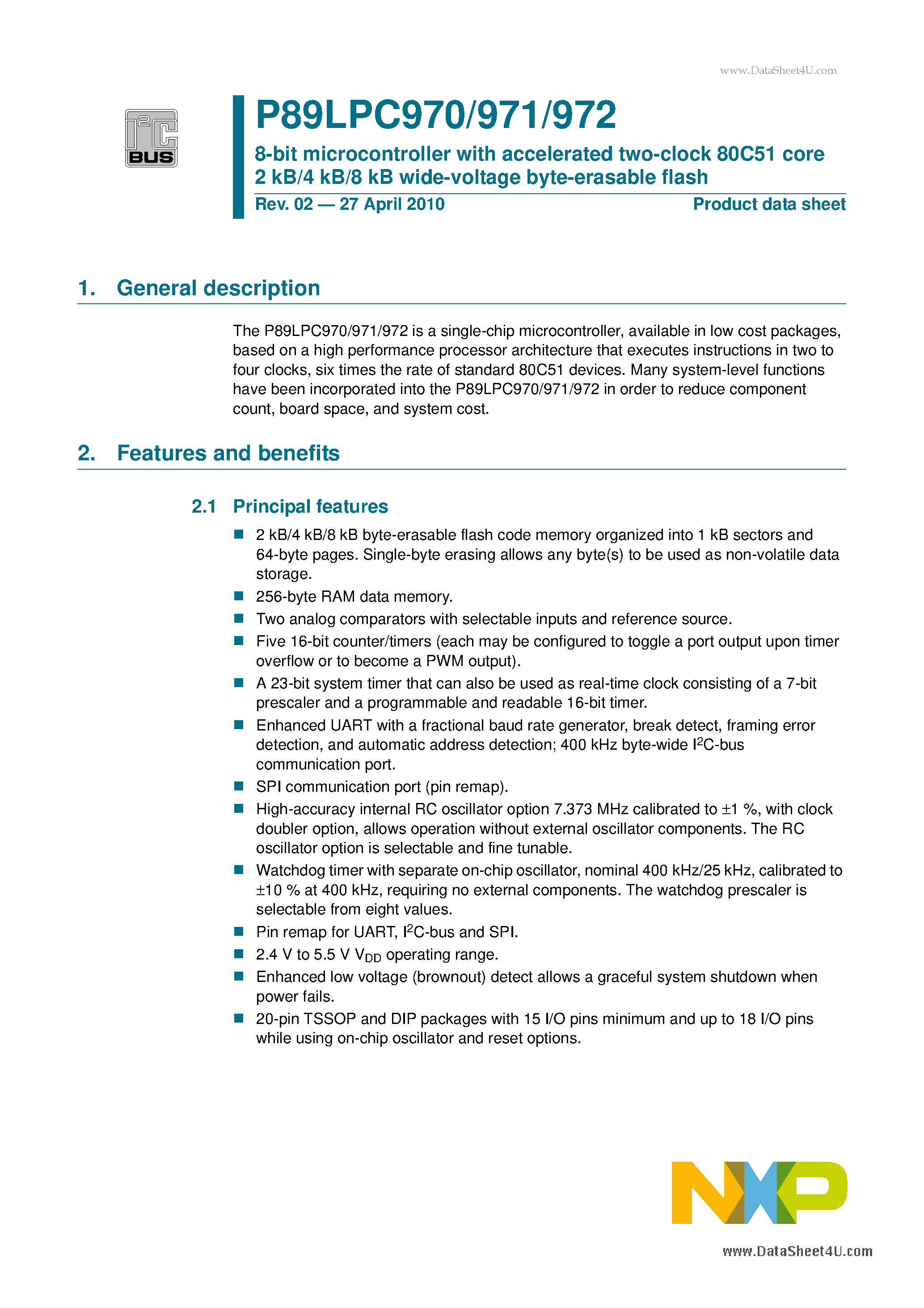 Datasheet P89LPC970 page 1 Datasheet P89LPC970 - 8-bit microcontroller page 1