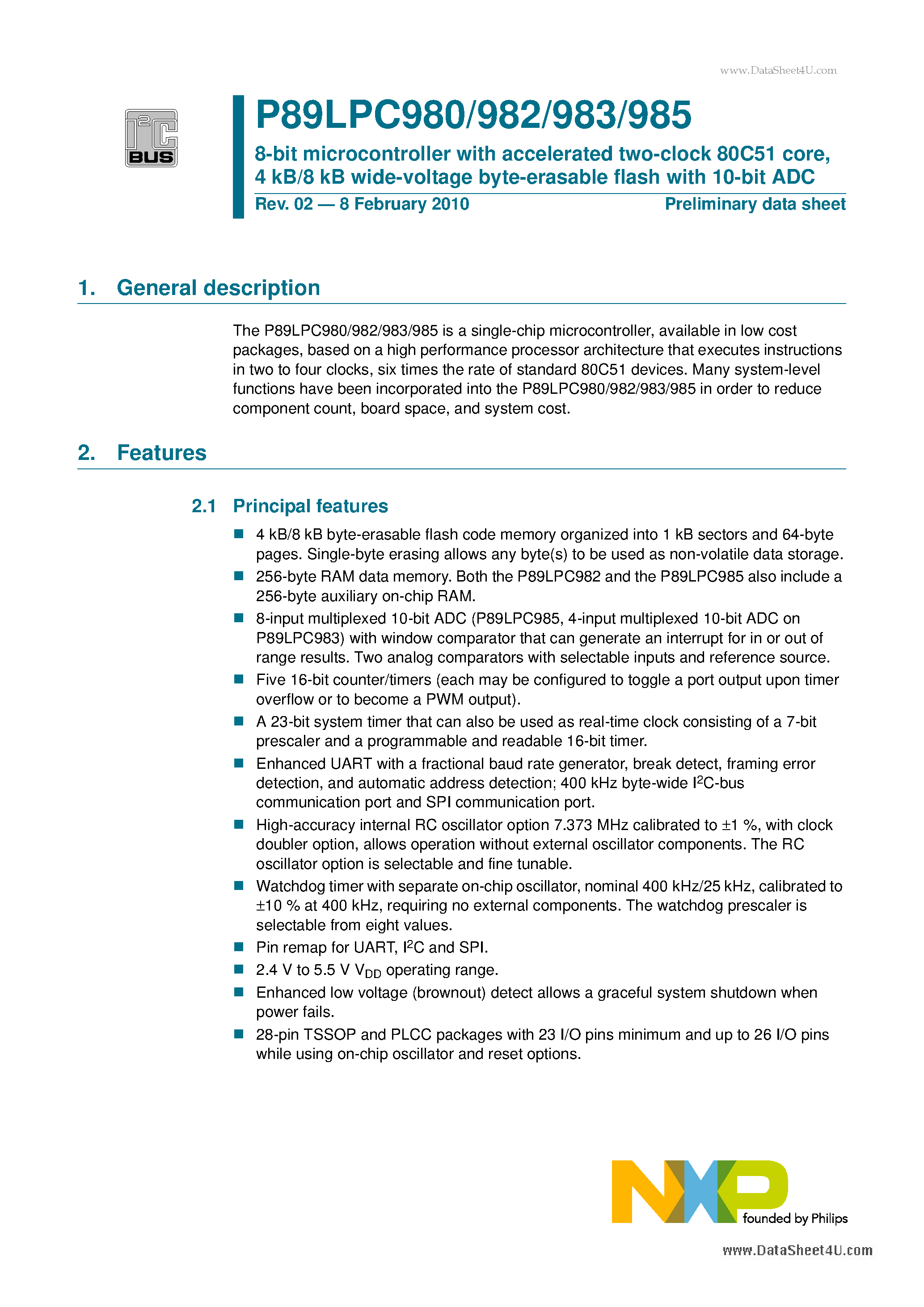 Datasheet P89LPC980 page 1 Datasheet P89LPC980 - 8-bit microcontroller page 1