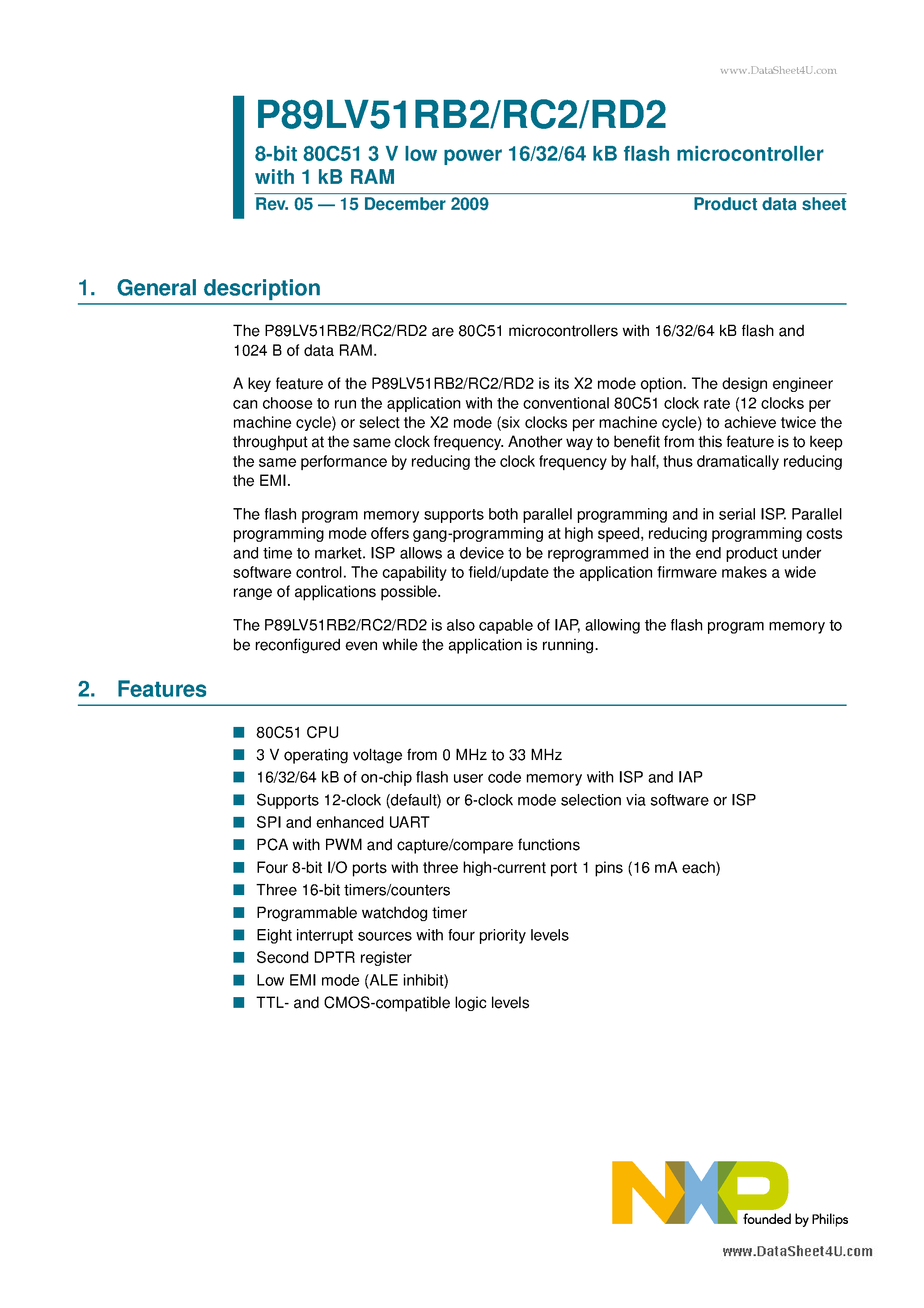Даташит P89LV51RB2 - 8-bit 80C51 3 V low power 16/32/64 kB fash microcontroller страница 1