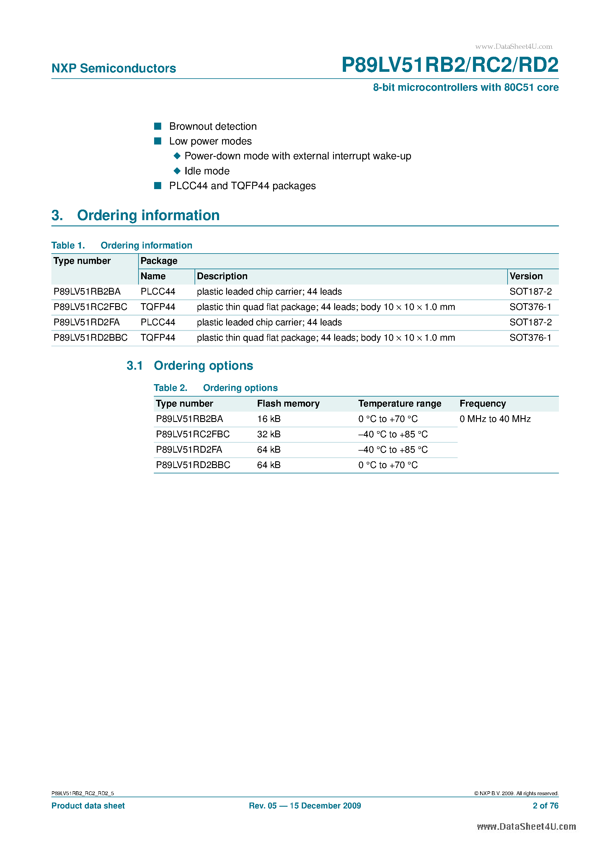 Даташит P89LV51RB2 - 8-bit 80C51 3 V low power 16/32/64 kB fash microcontroller страница 2