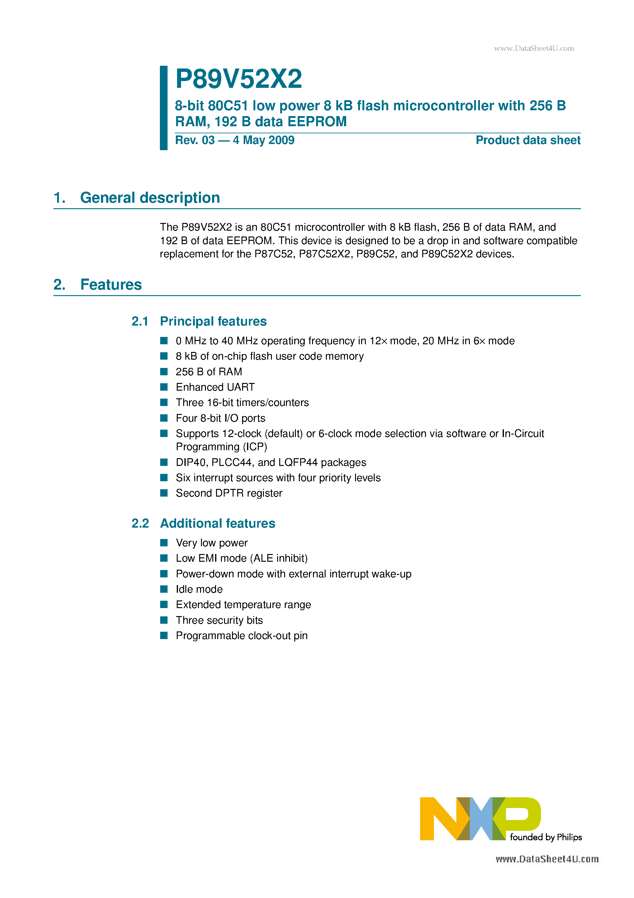Datasheet P89V52X2 - 8-bit 80C51 low power 8 kB fash microcontrolle page 1