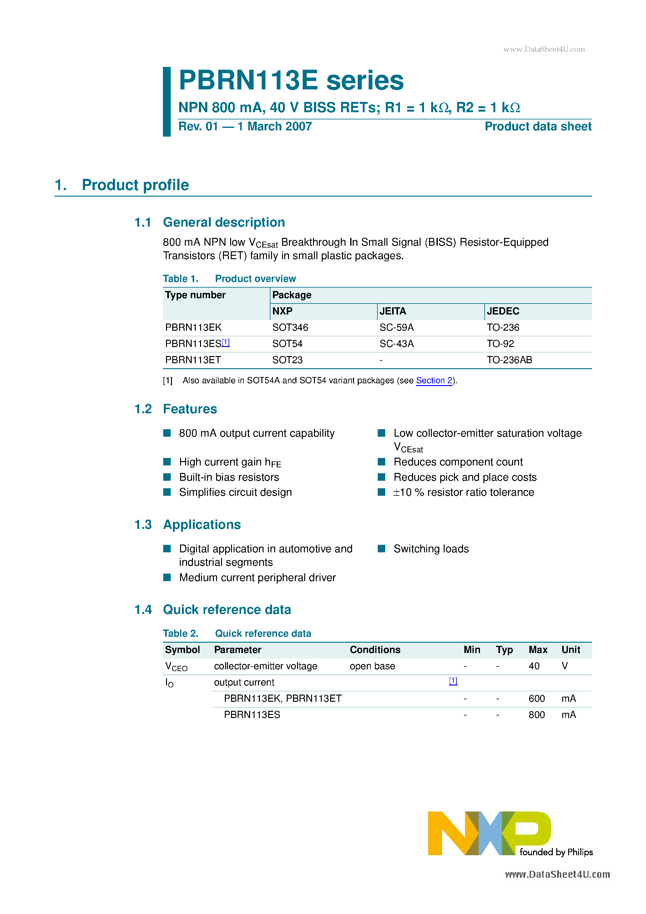 Даташит PBRN113E - NPN 800 mA 40 V BISS RETs страница 1