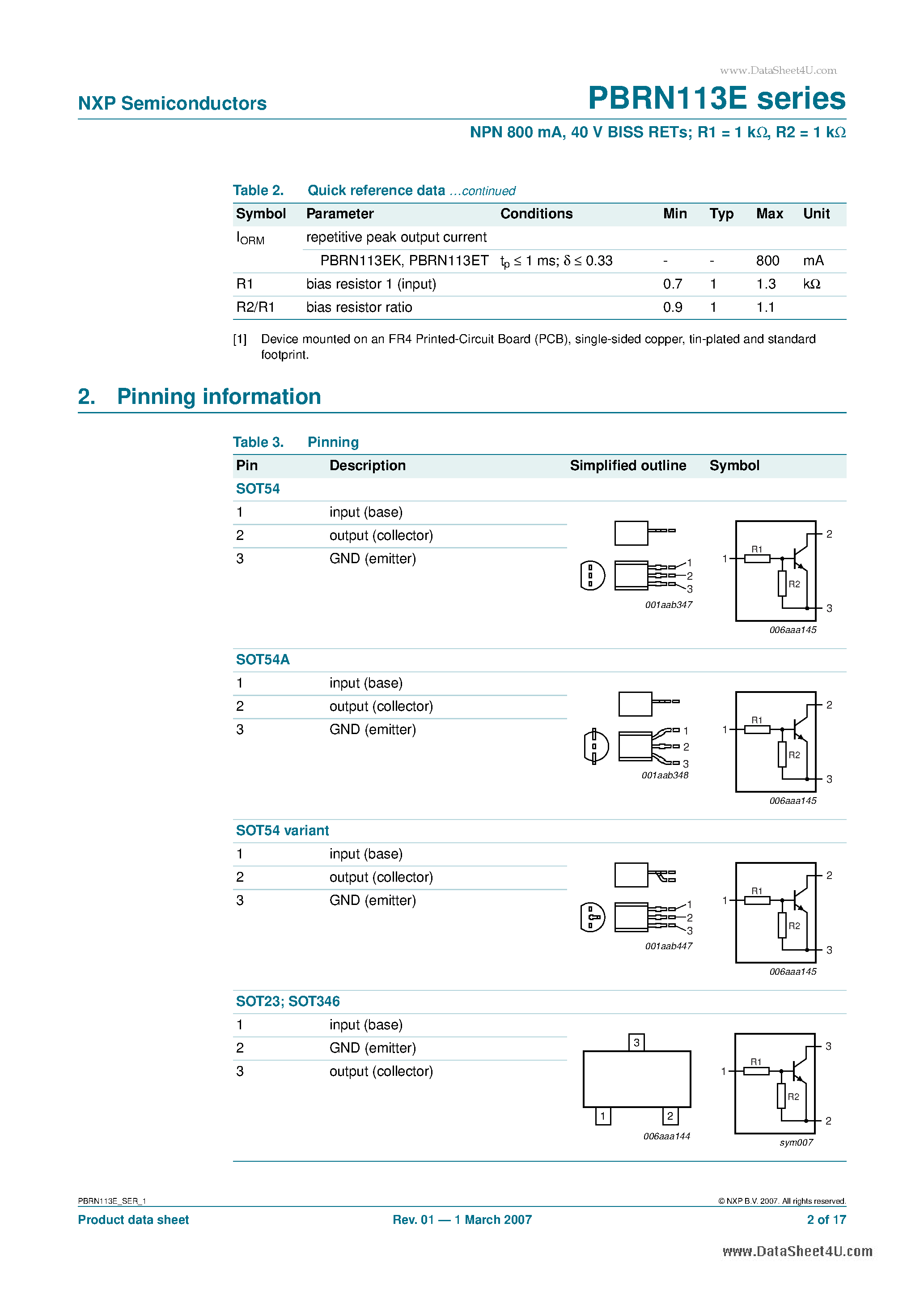 Даташит PBRN113E - NPN 800 mA 40 V BISS RETs страница 2