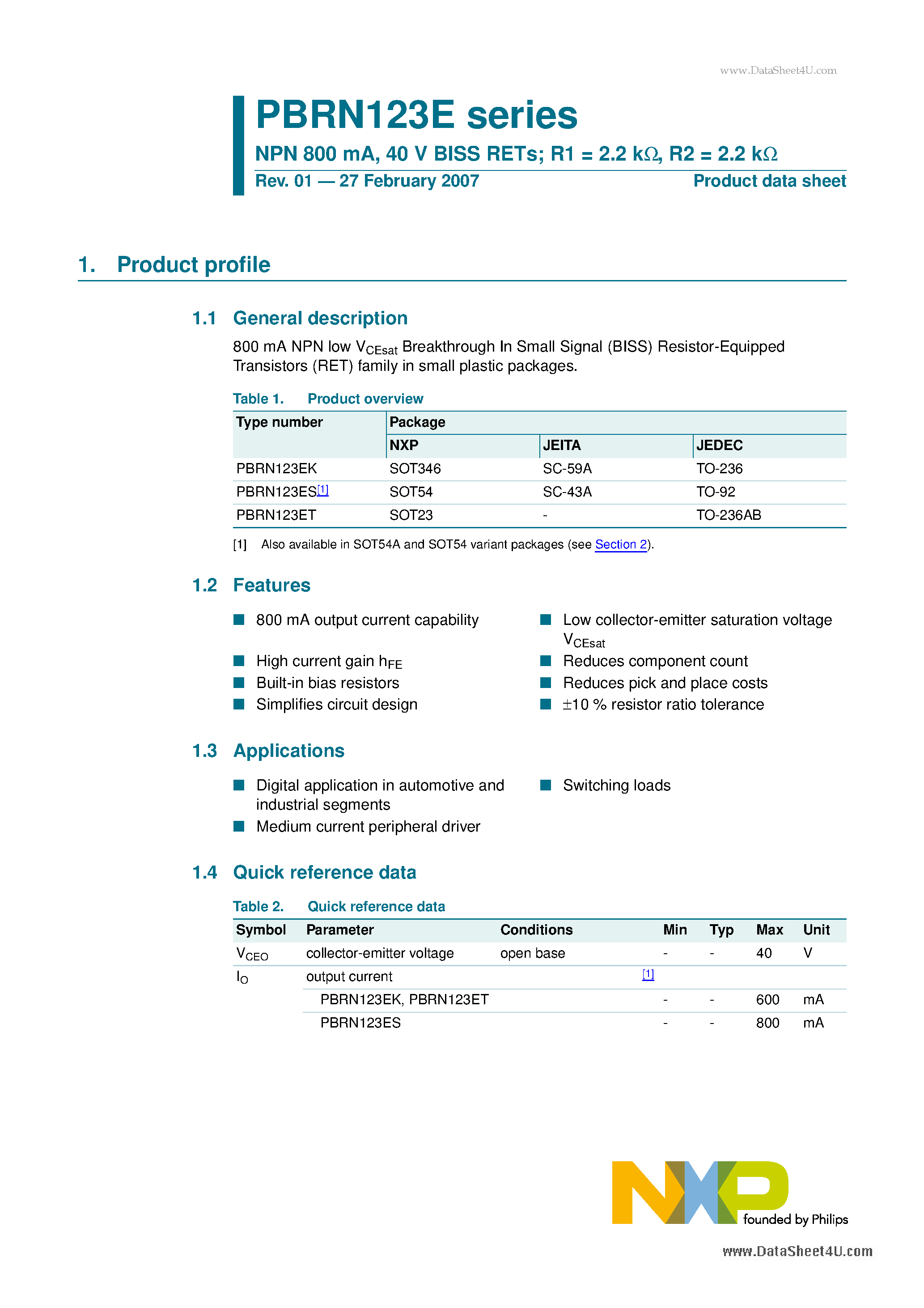 Даташит PBRN123E - NPN 800 mA 40 V BISS RETs страница 1