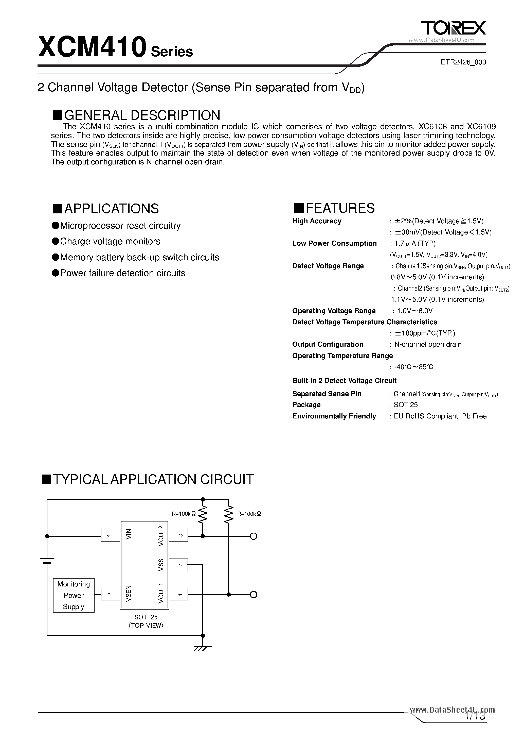 Datasheet XCM410 - 2 Channel Voltage Detector (Sense Pin separated from VDD) page 1