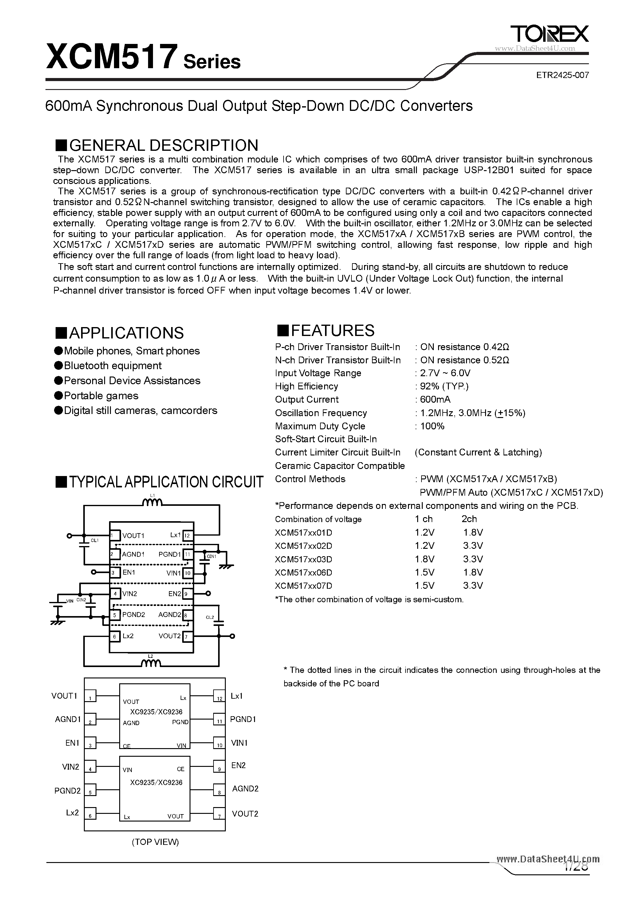 Datasheet XCM517 page 1 Datasheet XCM517 - 600mA Synchronous Dual Output Step-Down DC/DC Converters page 1