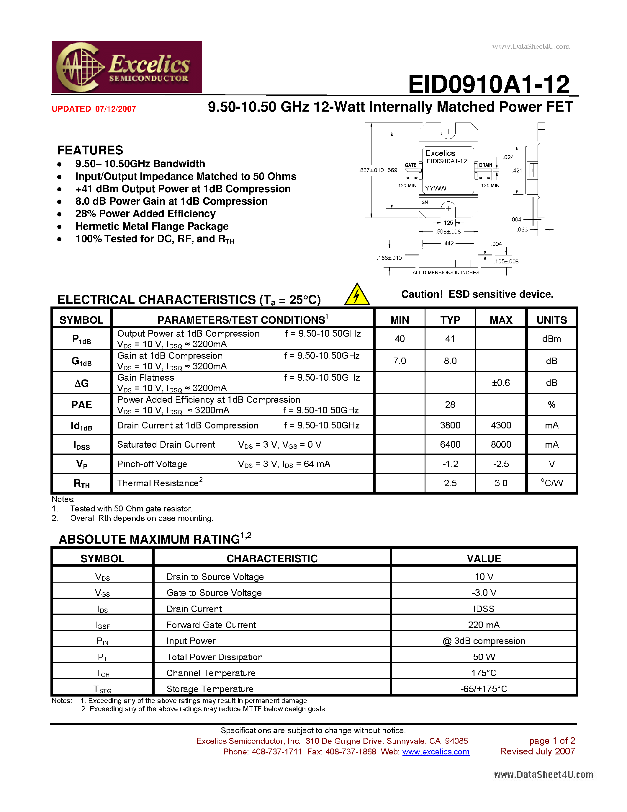 Даташит EID0910A1-12 - 9.50-10.50 GHz 12-Watt Internally Matched Power FET страница 1