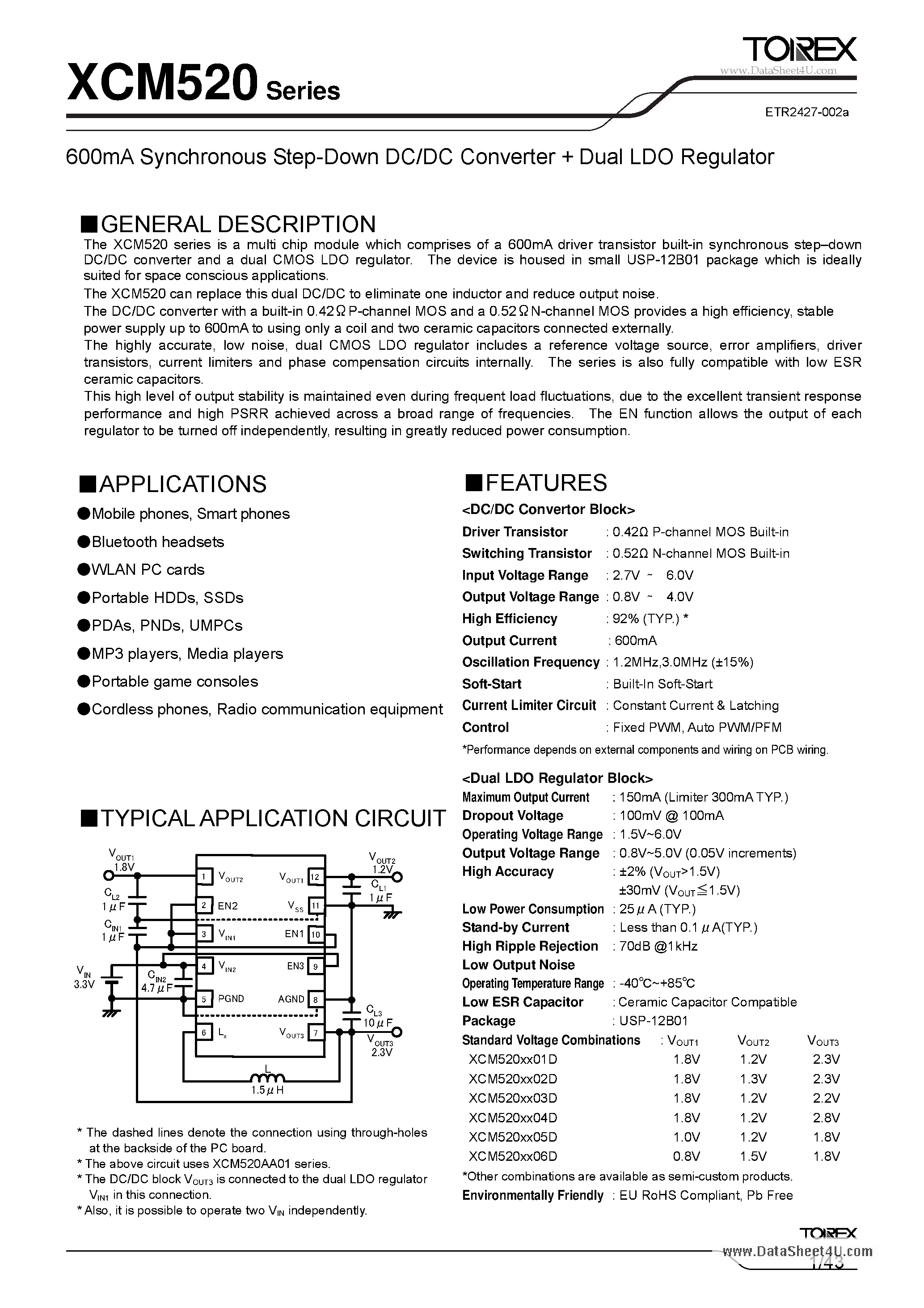 Datasheet XCM520 page 1 Datasheet XCM520 - 600mA Synchronous Step-Down DC/DC Converter Dual LDO Regulator page 1