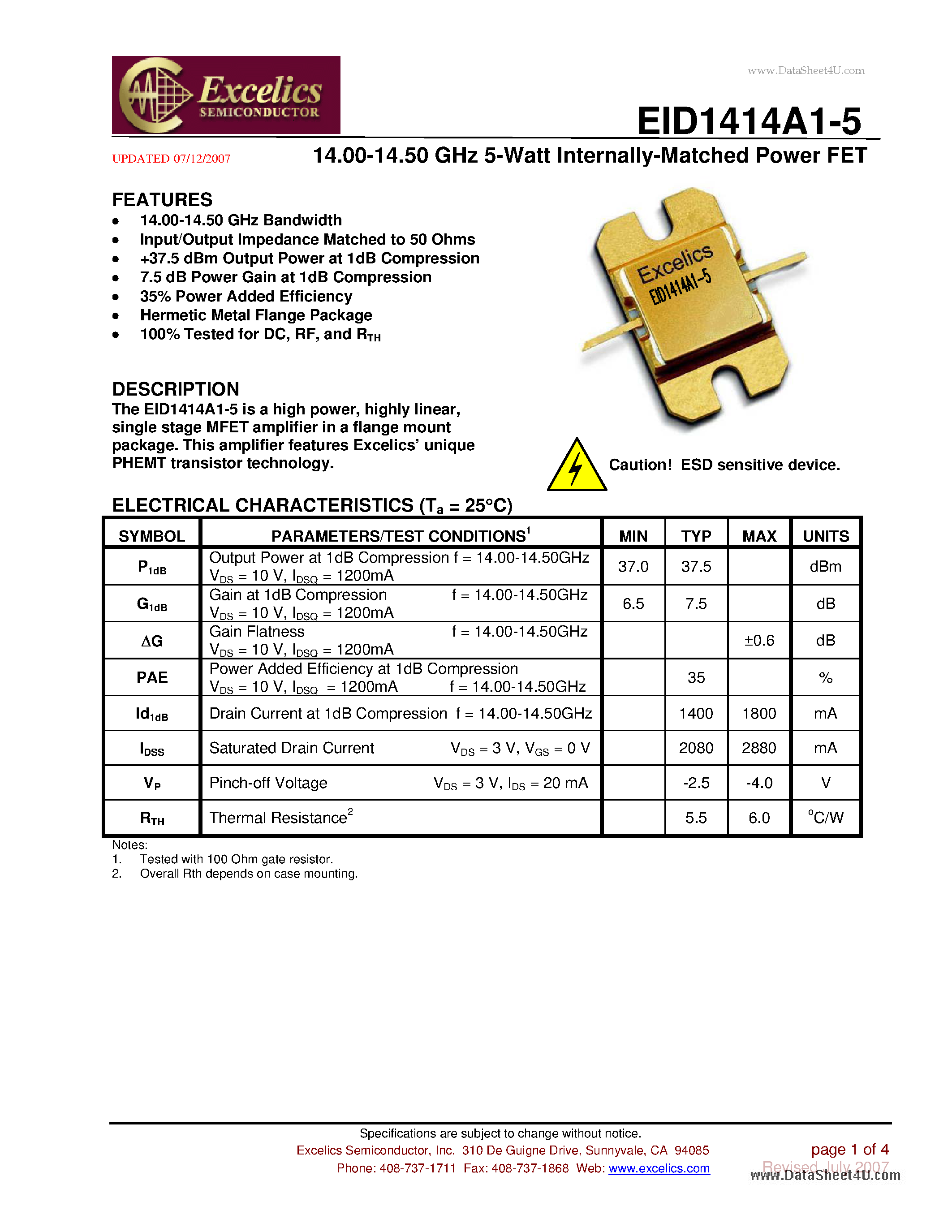Даташит EID1414A1-5 - 14.00-14.50 GHz 5-Watt Internally-Matched Power FET страница 1