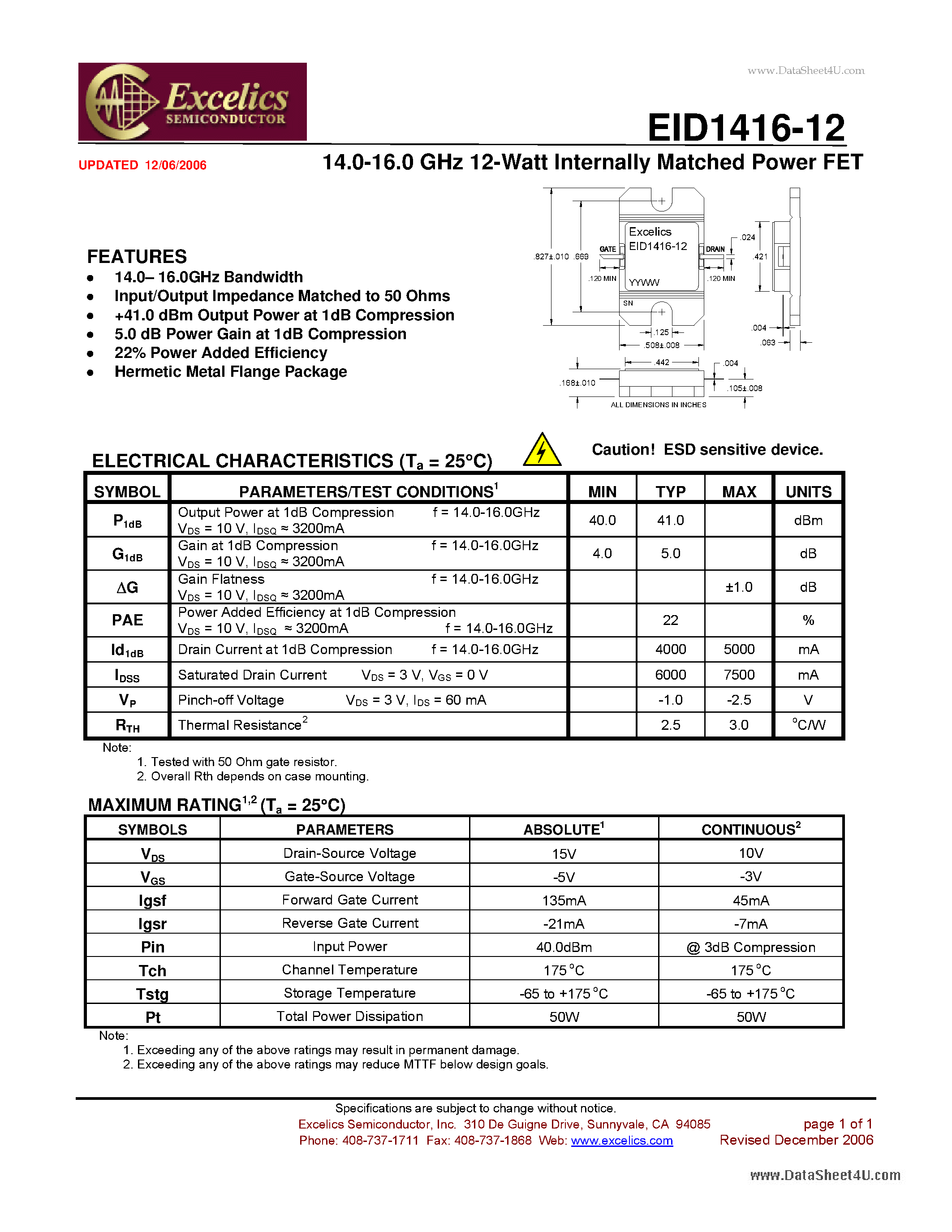 Datasheet EID1416-12 - 14.0-16.0 GHz 12-Watt Internally Matched Power FET page 1
