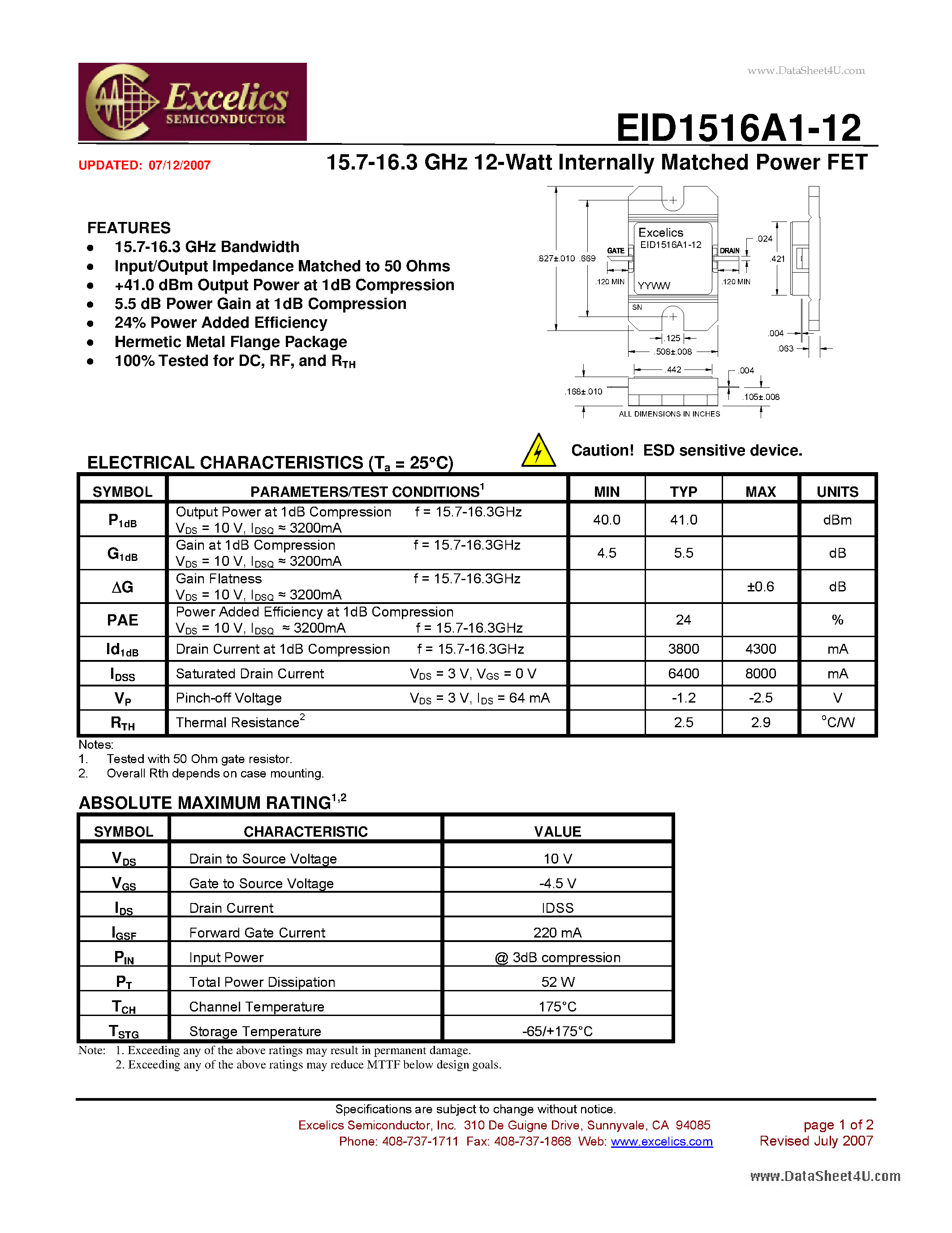 Datasheet EID1516A1-12 - 15.7-16.3 GHz 12-Watt Internally Matched Power FET page 1