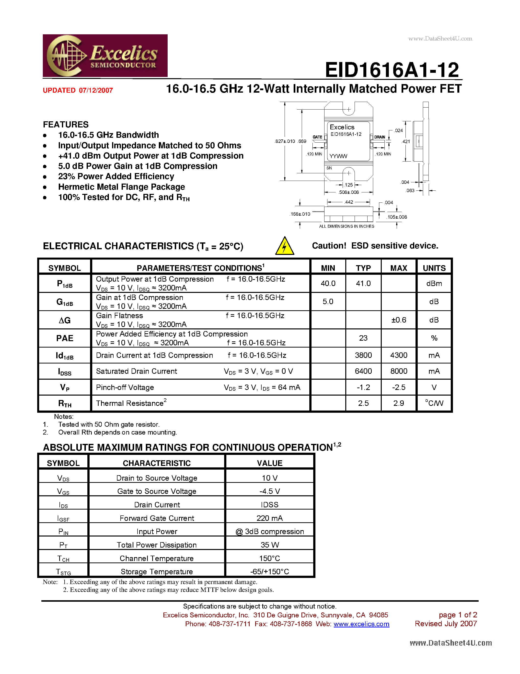 Datasheet EID1616A1-12 page 1 Datasheet EID1616A1-12 - 16.0-16.5 GHz 12-Watt Internally Matched Power FET page 1