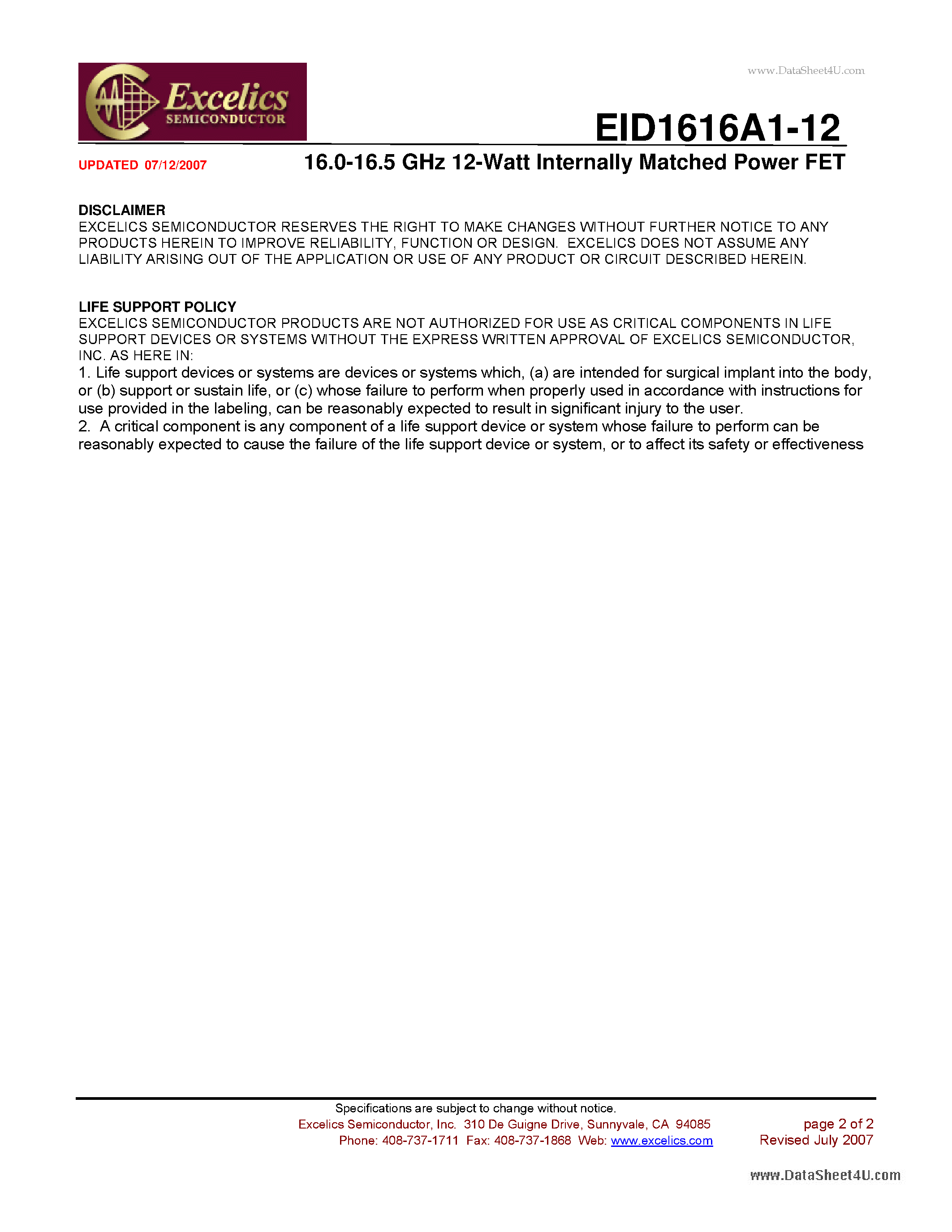 Datasheet EID1616A1-12 page 2 Datasheet EID1616A1-12 - 16.0-16.5 GHz 12-Watt Internally Matched Power FET page 2