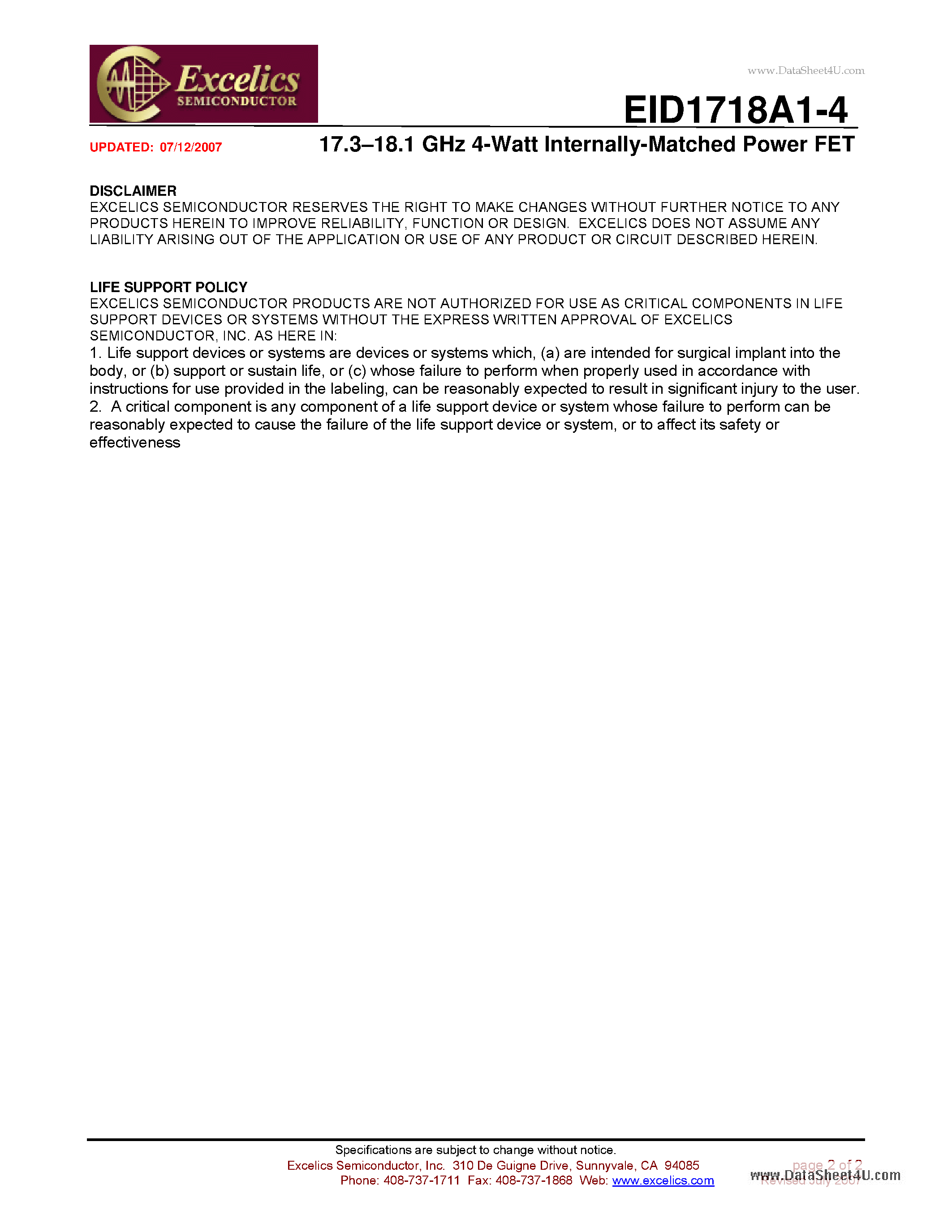 Даташит EID1718A1-4-17.3-18.1 GHz 4-Watt Internally-Matched Power FET страница 2