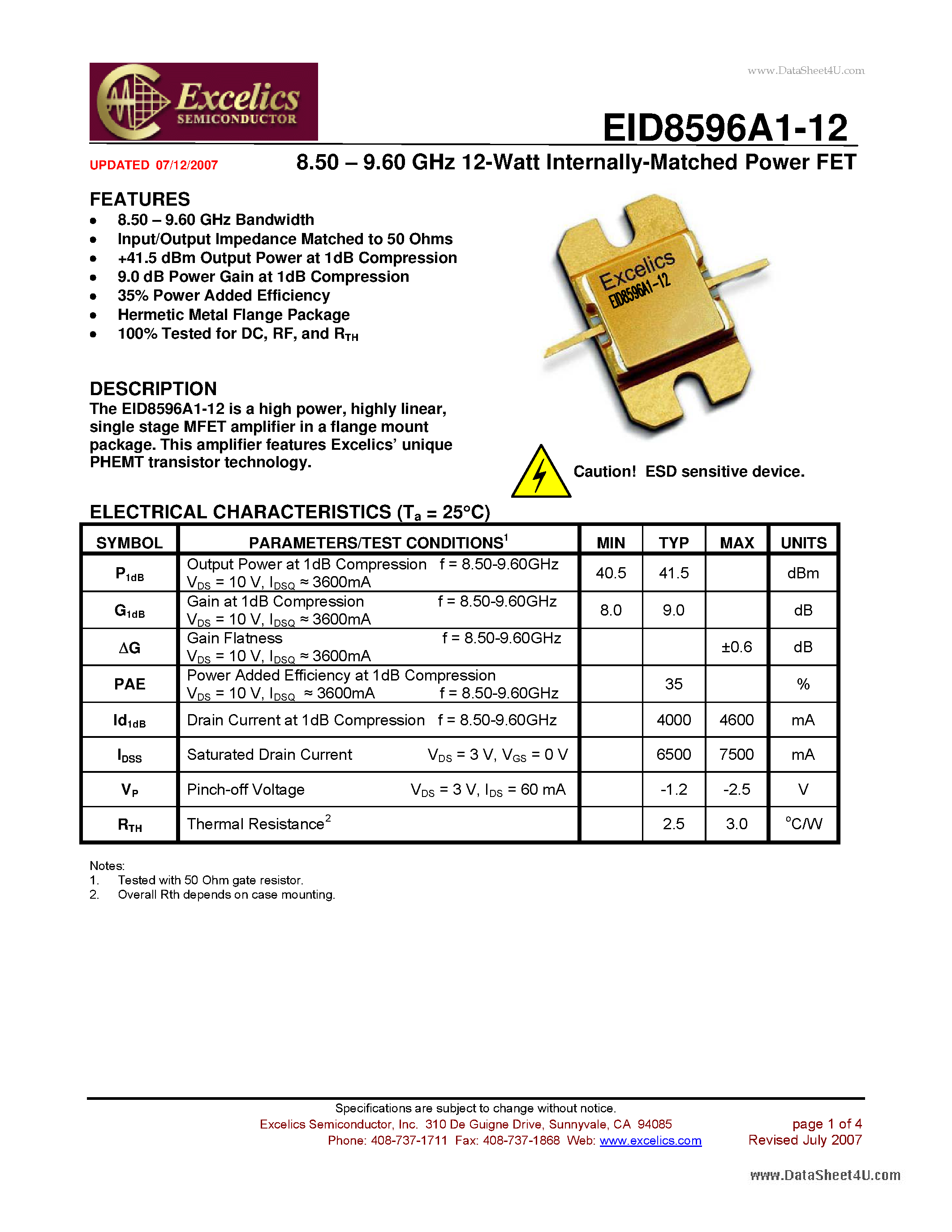 Даташит EID8596A1-12 - 8.50-9.60 GHz 12-Watt Internally-Matched Power FET страница 1