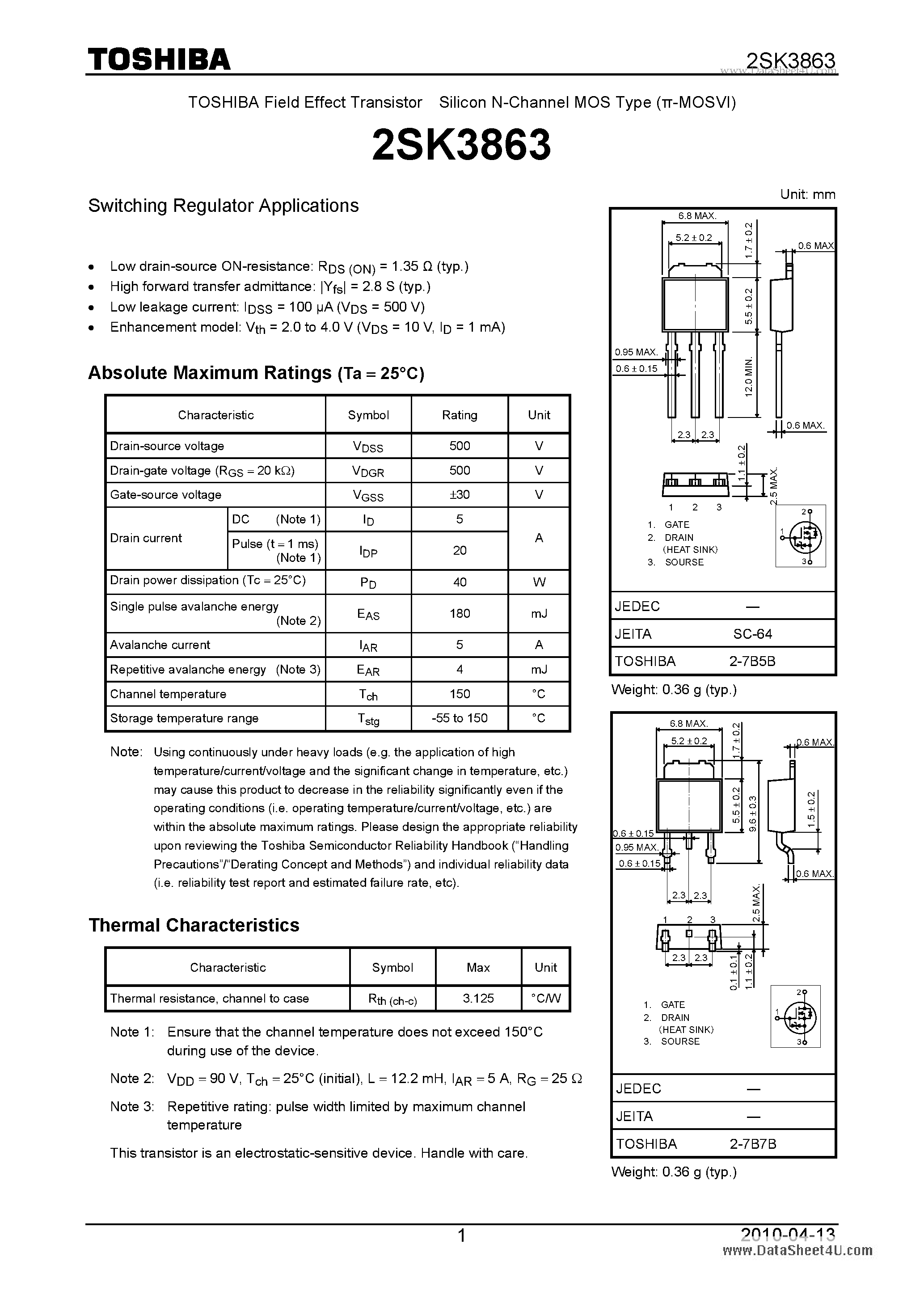 Datasheet 2SK3863 - Switching Regulator Applications page 1