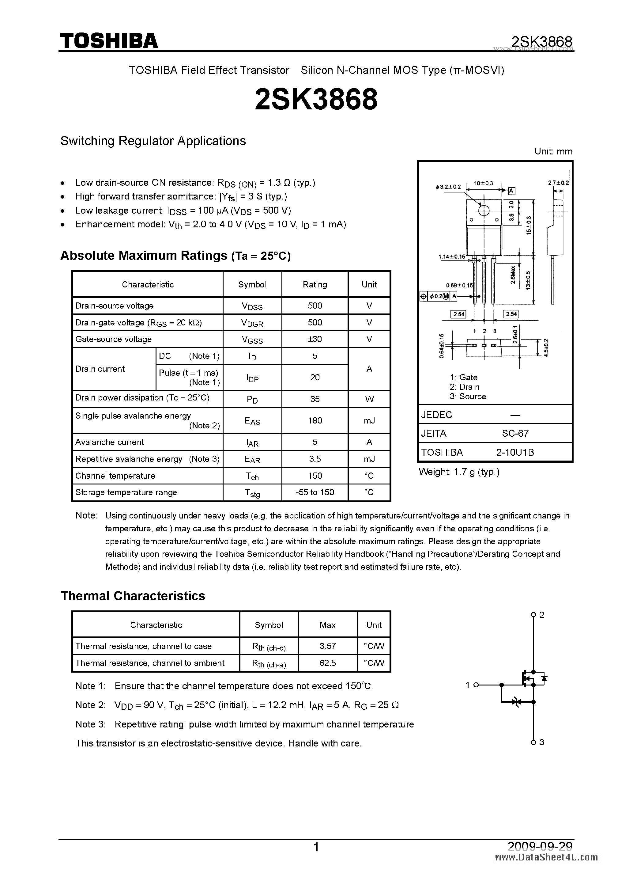 Datasheet 2SK3868 - Switching Regulator Applications page 1