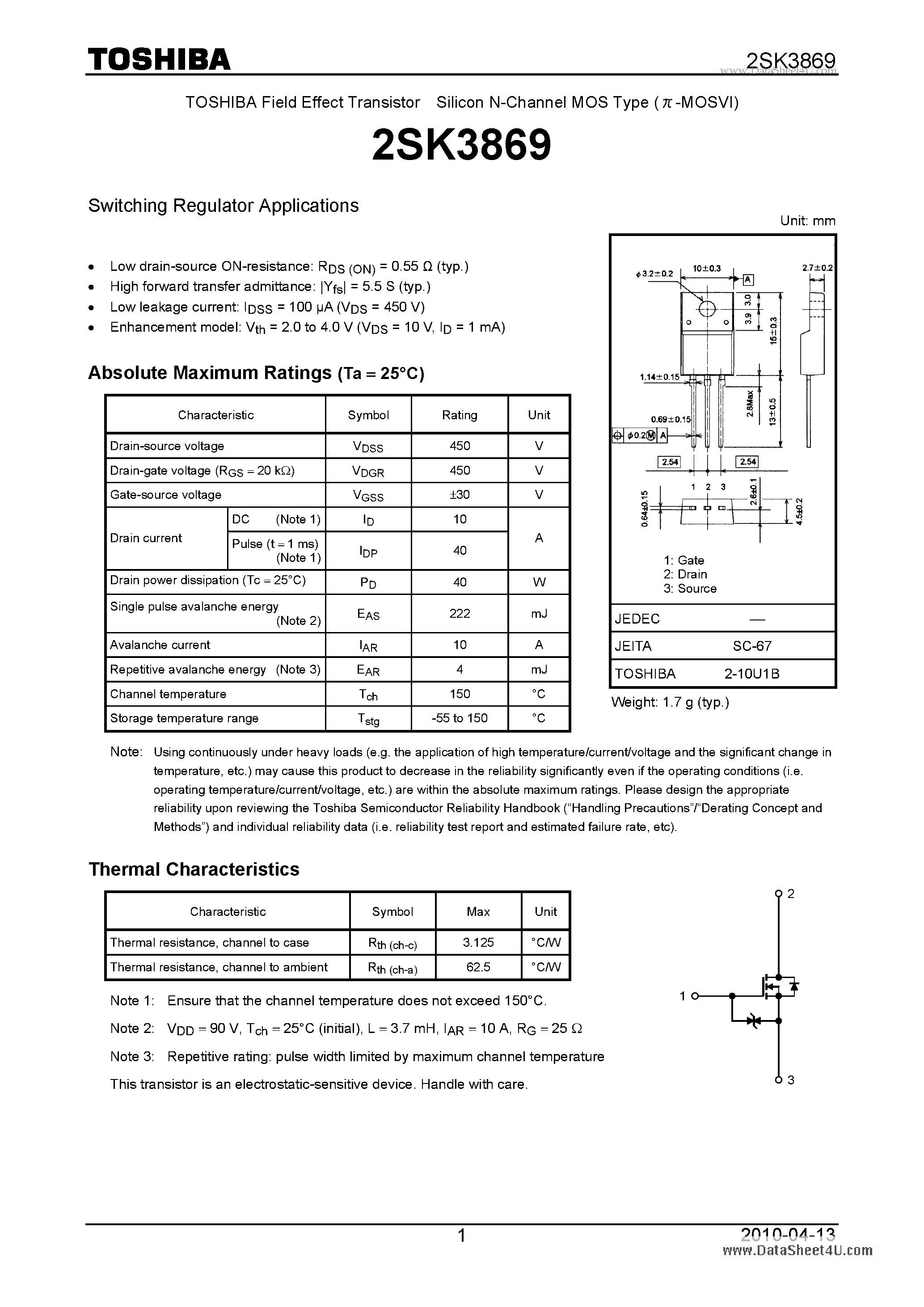 Datasheet 2SK3869 - Switching Regulator Applications page 1
