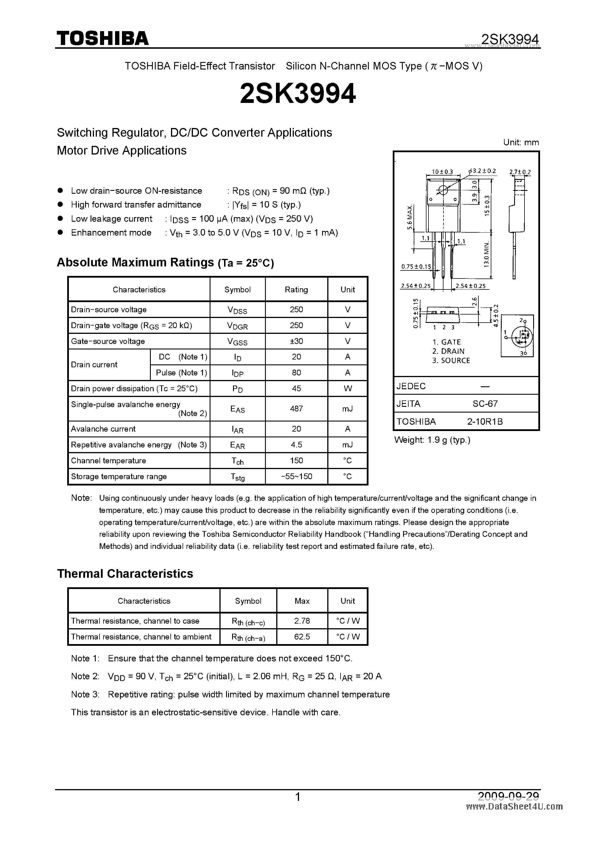 Datasheet 2SK3994 - DC/DC Converter Motor Drive Applications page 1