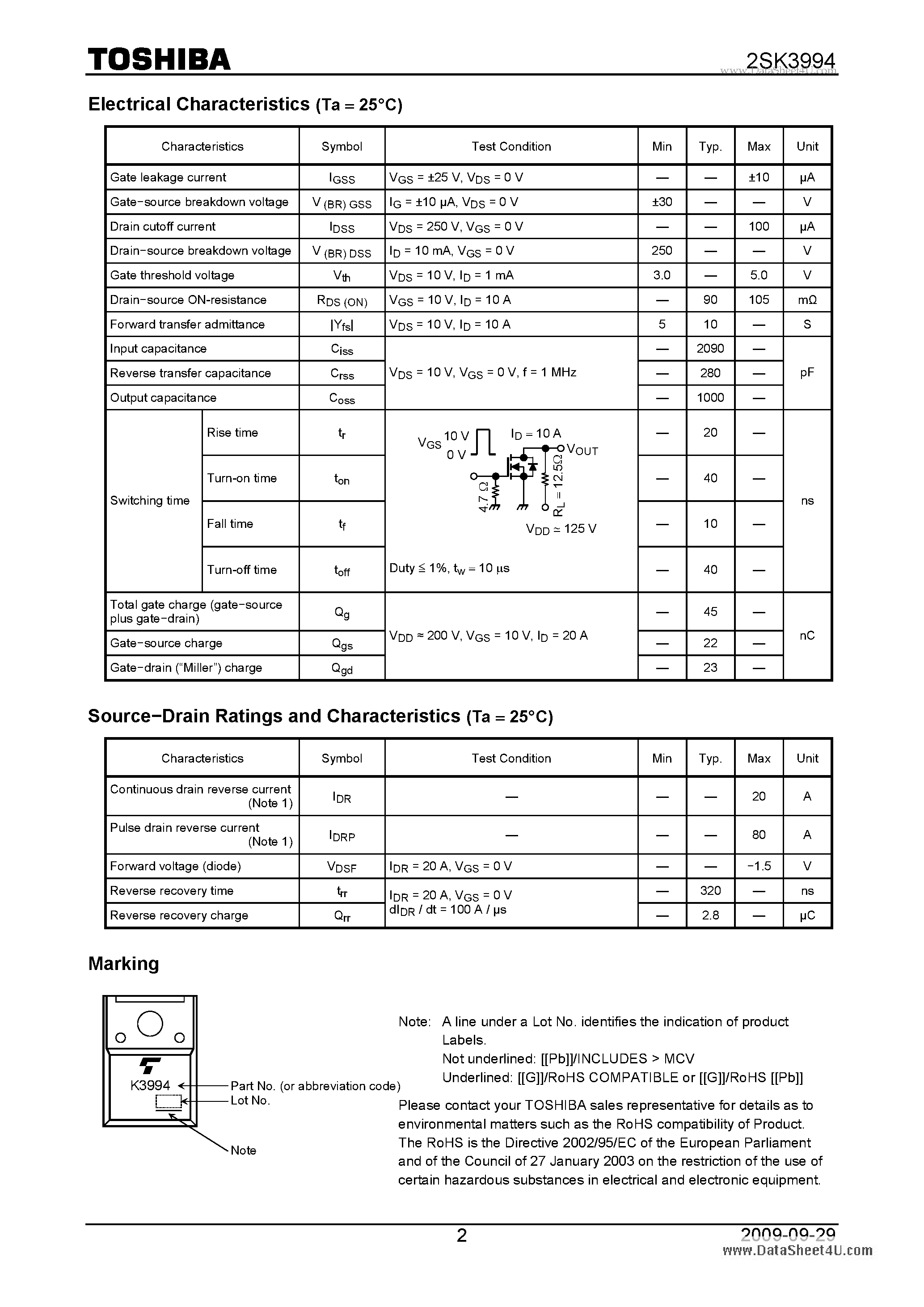 Datasheet 2SK3994 - DC/DC Converter Motor Drive Applications page 2