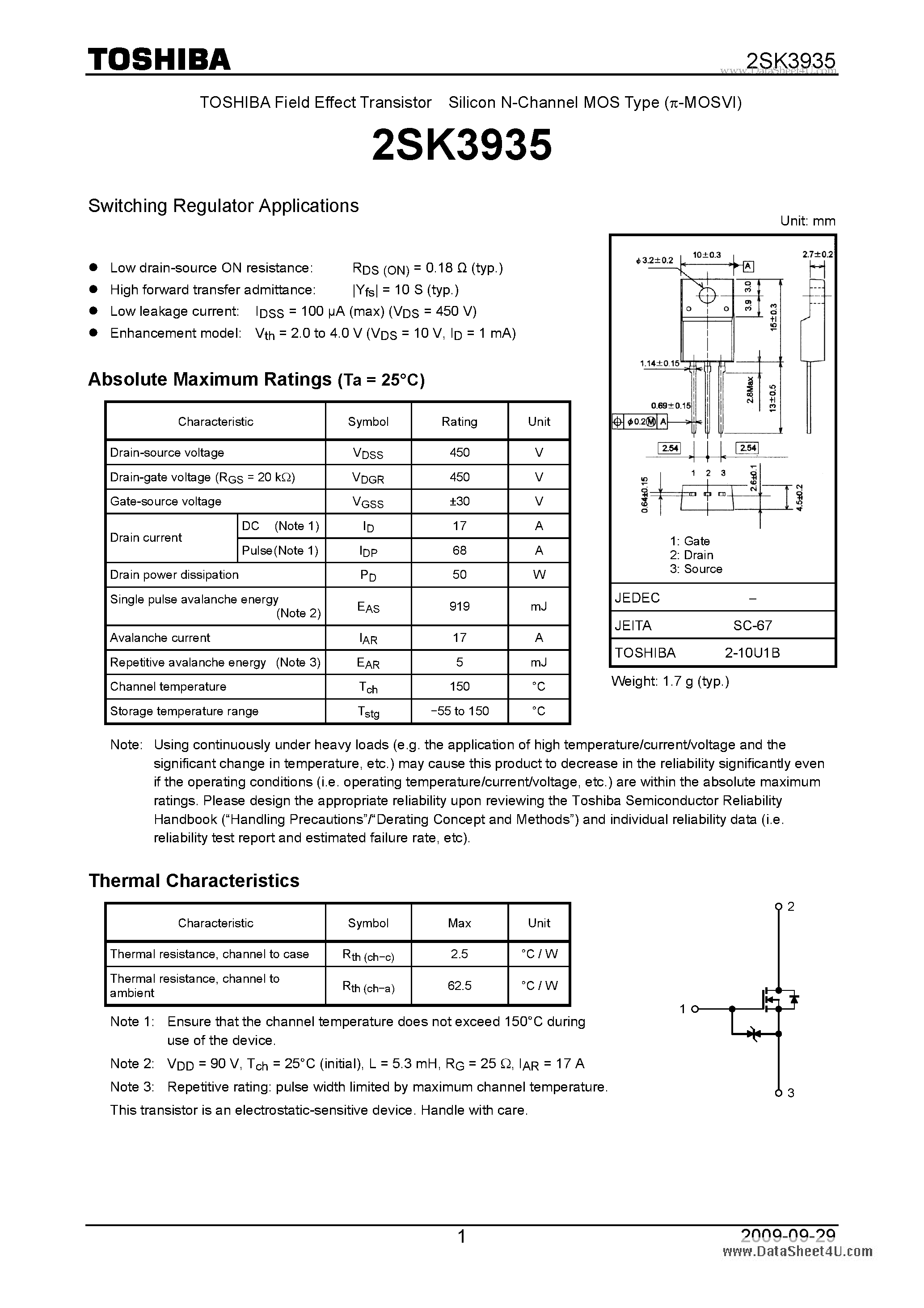 Datasheet 2SK3935 - Switching Regulator Applications page 1