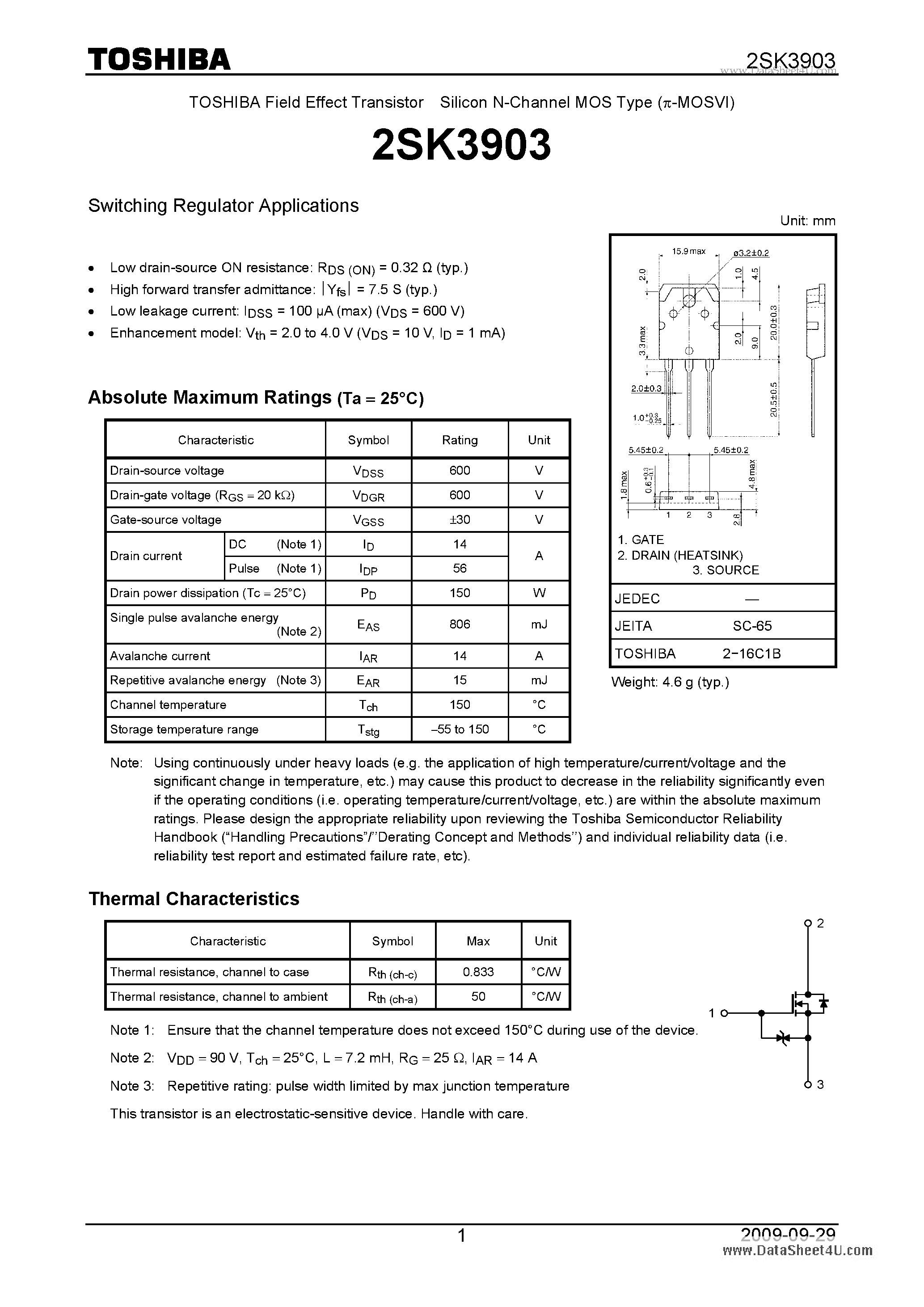 Datasheet 2SK3903 - Switching Regulator Applications page 1