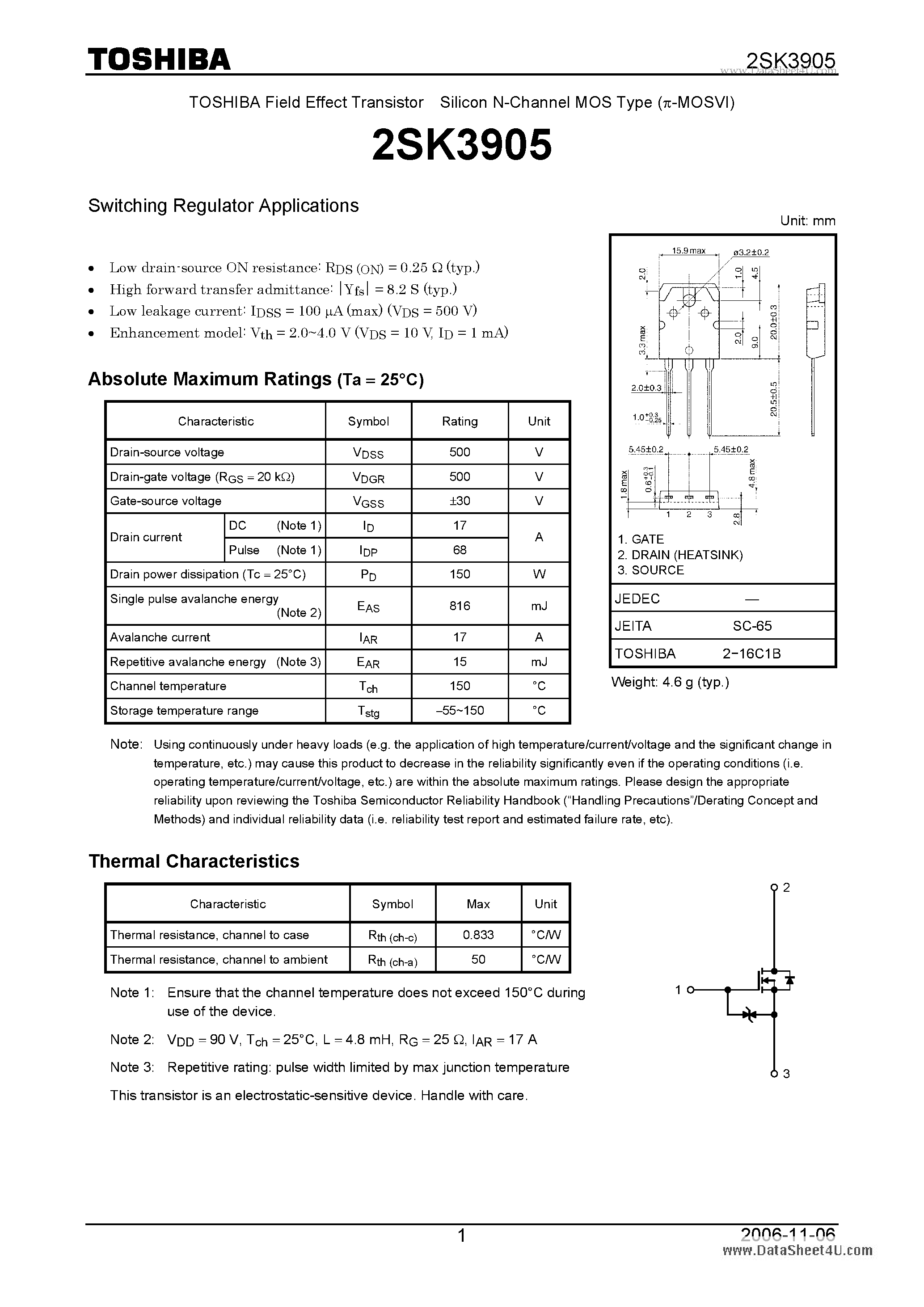 Datasheet 2SK3905 - Switching Regulator Applications page 1