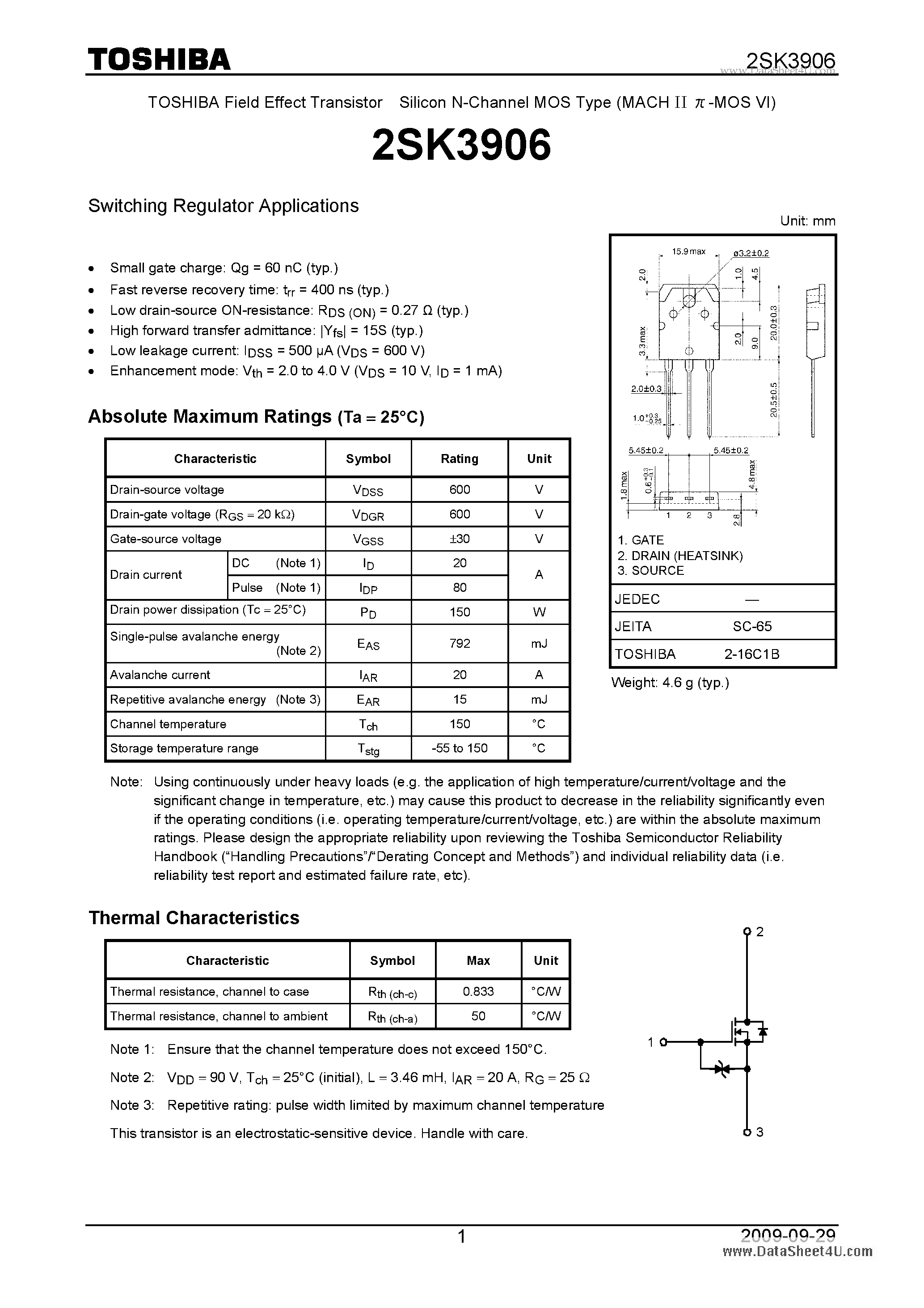 Datasheet 2SK3906 - Switching Regulator Applications page 1