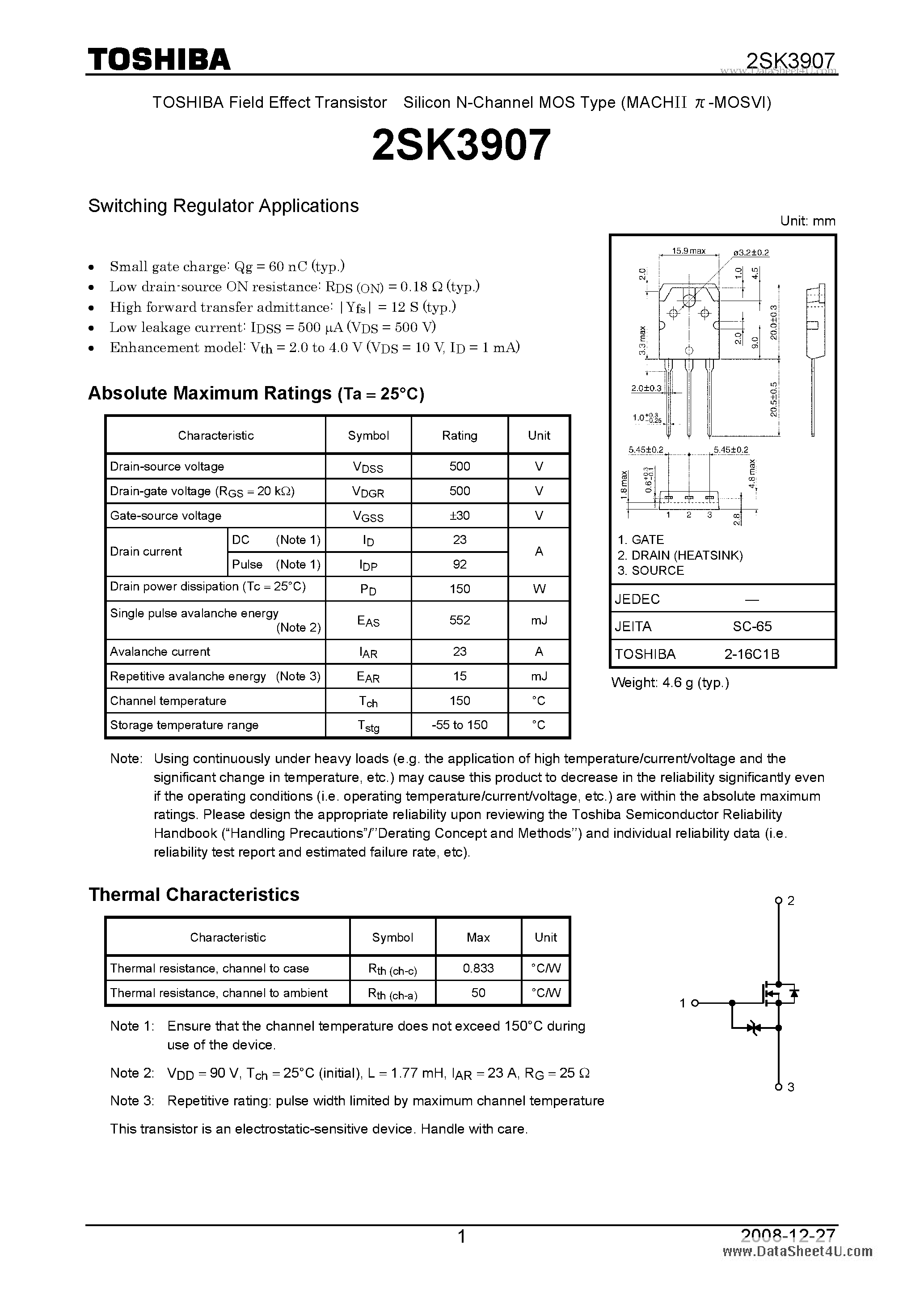 Datasheet 2SK3907 - Switching Regulator Applications page 1