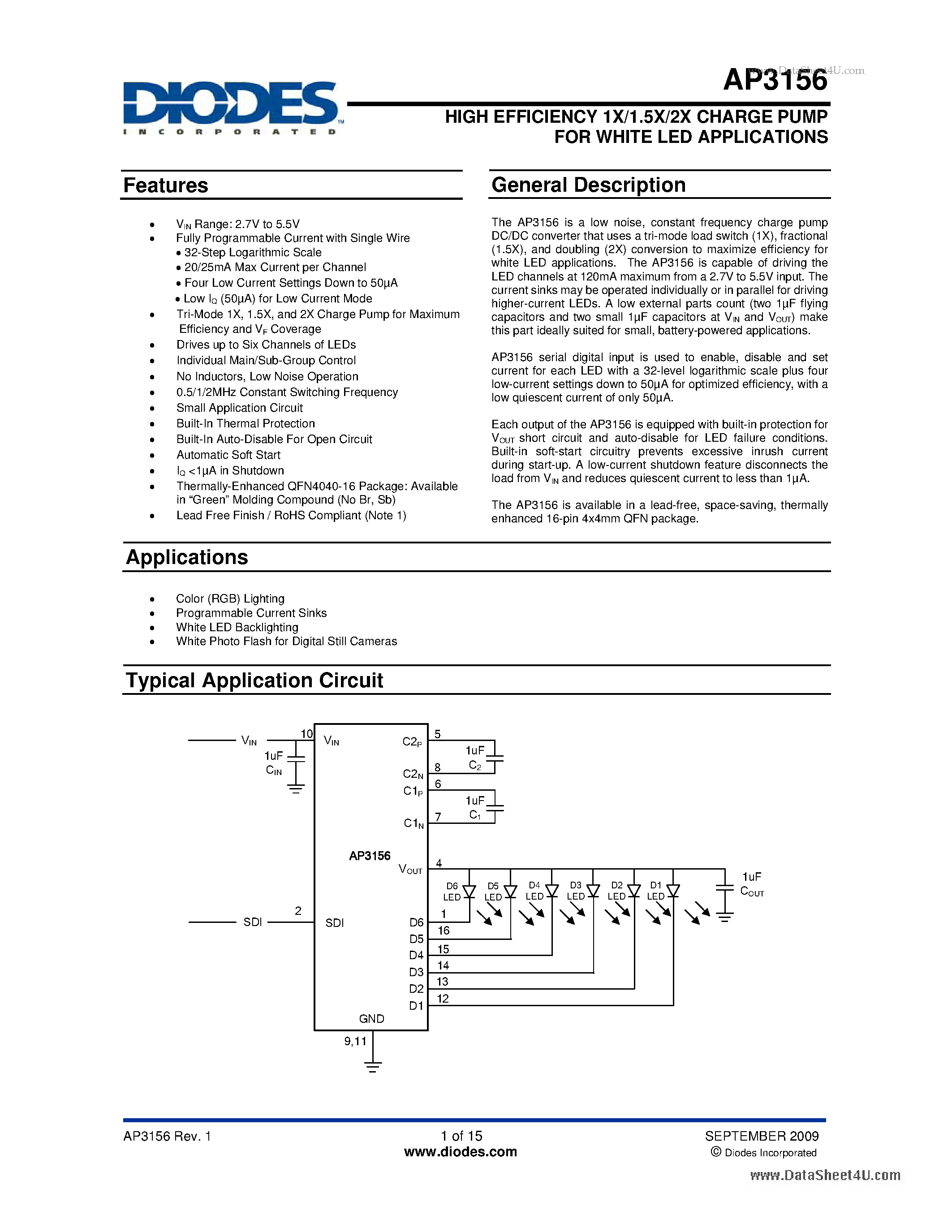 Даташит AP3156 - HIGH EFFICIENCY 1X/1.5X/2X CHARGE PUMP страница 1