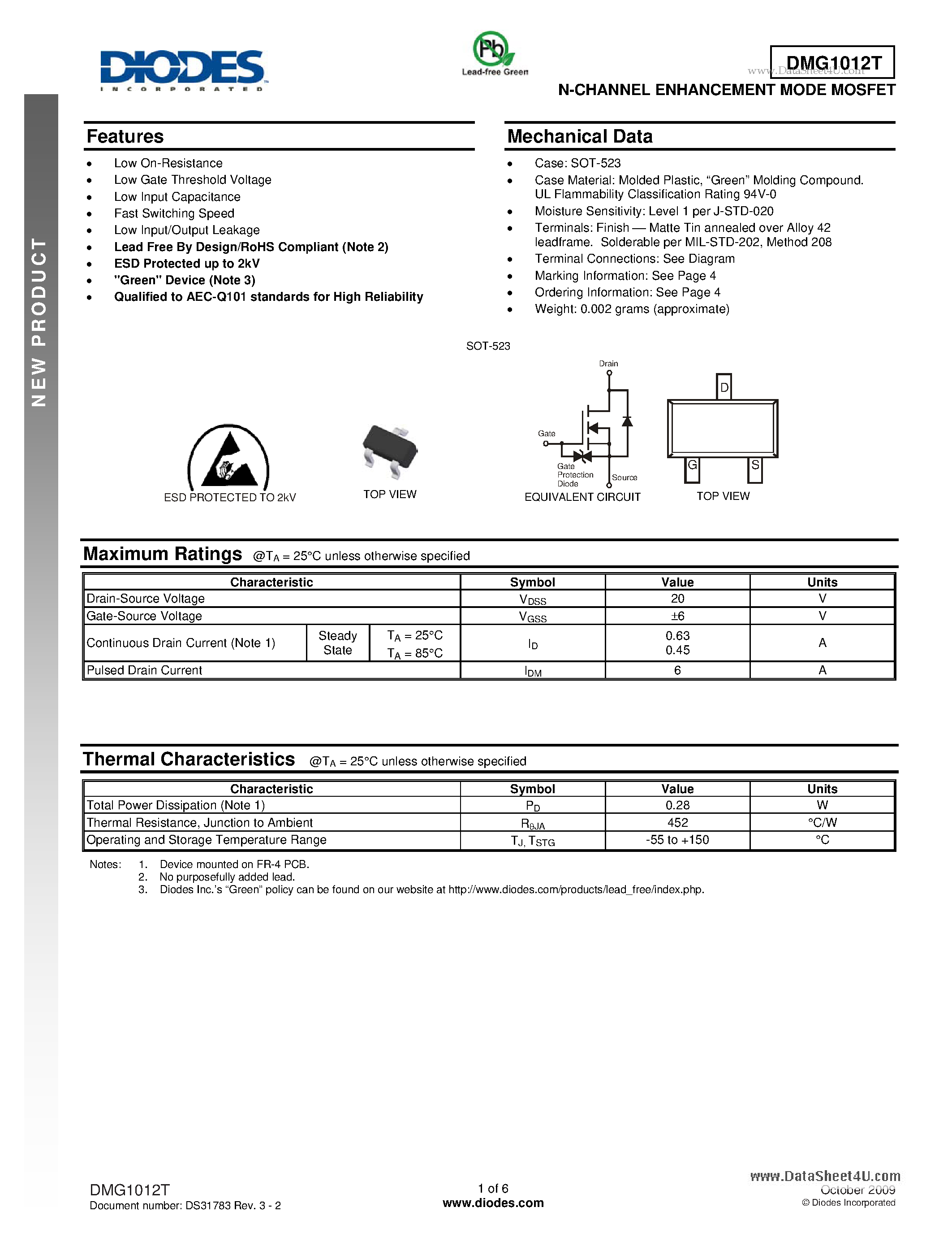 Datasheet DMG1012T - N-CHANNEL ENHANCEMENT MODE MOSFET page 1