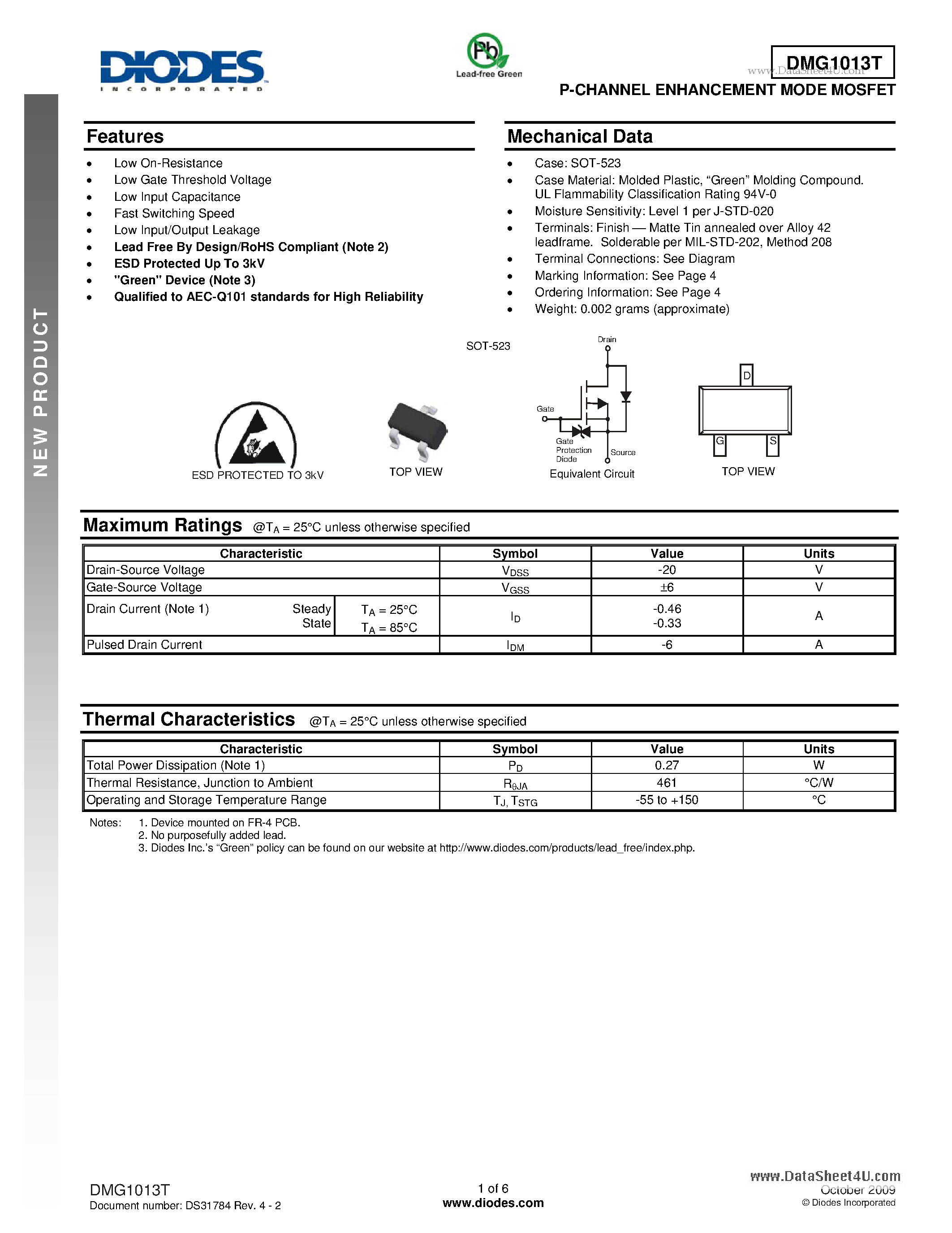Datasheet DMG1013T - P-CHANNEL ENHANCEMENT MODE MOSFET page 1